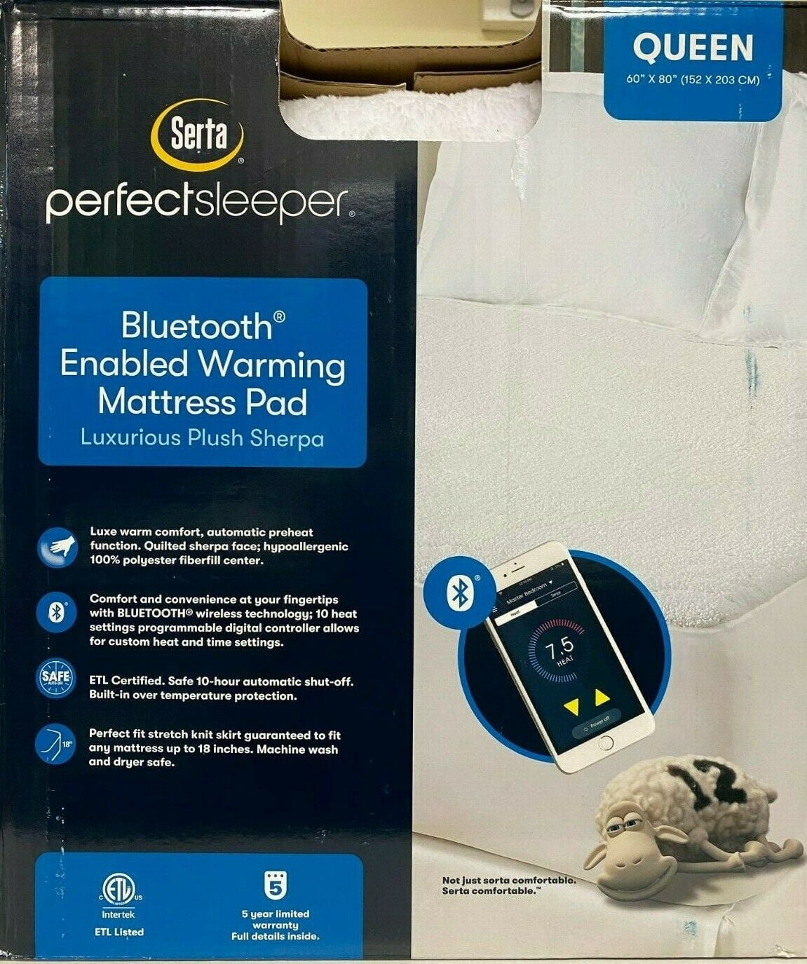 Serta Queen-Mattress Pad Perfect Sleeper Bluetooth Enable Warming Mattress Pad, Queen
