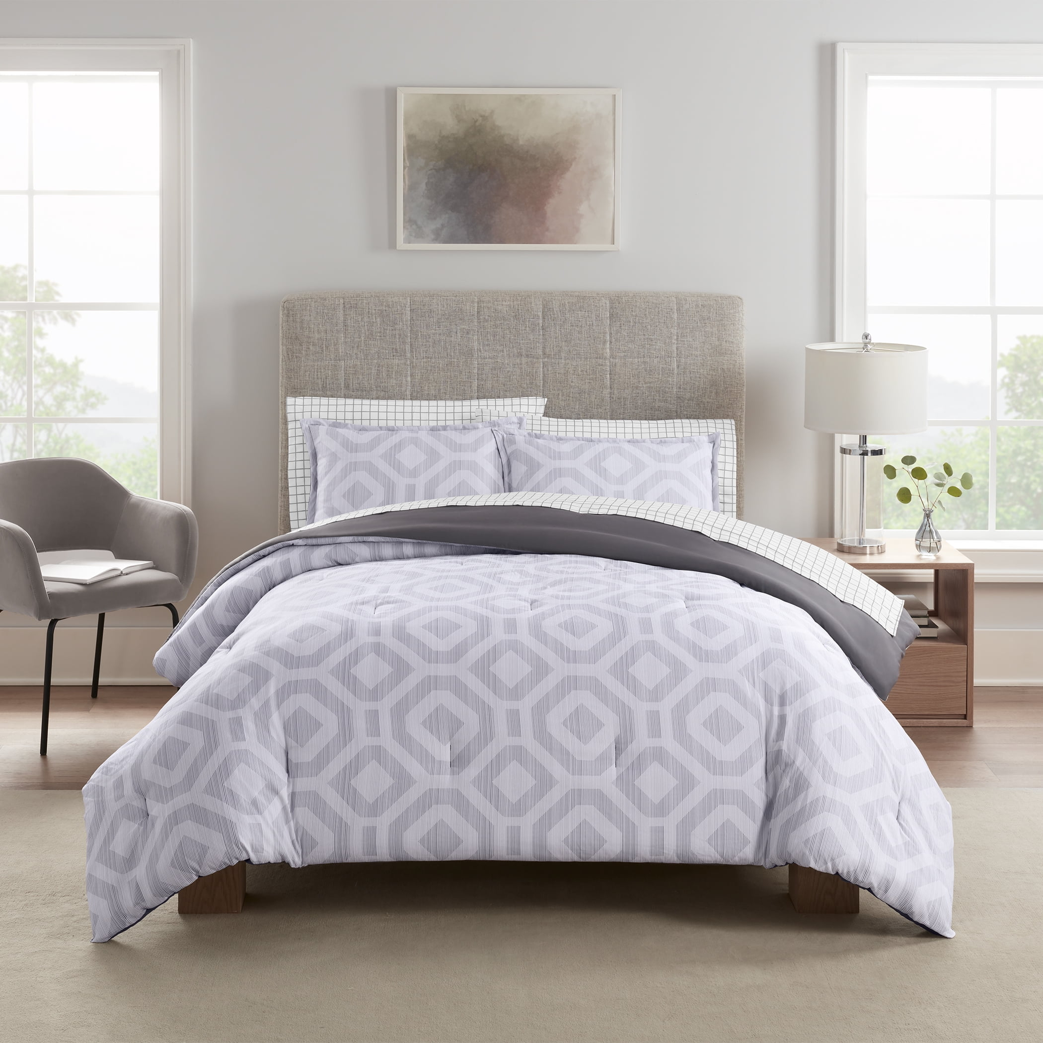 Serta Simply Clean Skyler Grey Textured Geometric 5-Piece Bedding Set, Queen