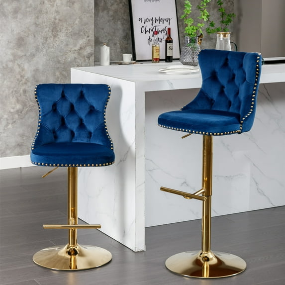 Sesslife Bar Stools with Back Set of 2, 360° Swivel Upholstered Thickened Velvet Fabric High Barstool with Golden Nail Trim, Adjustable Seat Height, Counter Height Bar Chairs for Kitchen Island, Blue