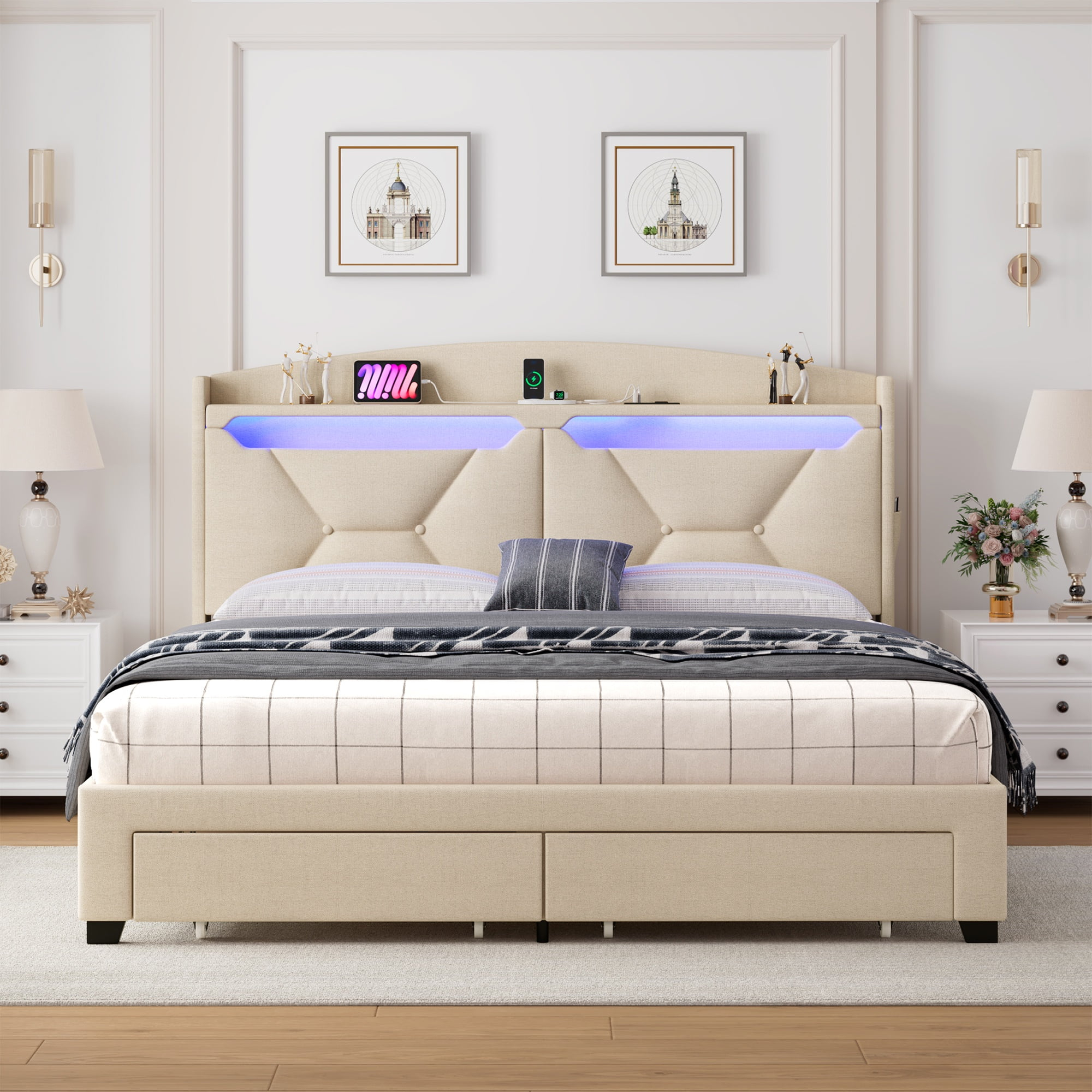 Sesslife Queen Size Bed Frame with LED Storage Headboard, Upholstered Platform Bed with 2 Drawers, Charging Station and Side Pocket, Strong Wooden Slats Support, No Box Spring Needed, Beige
