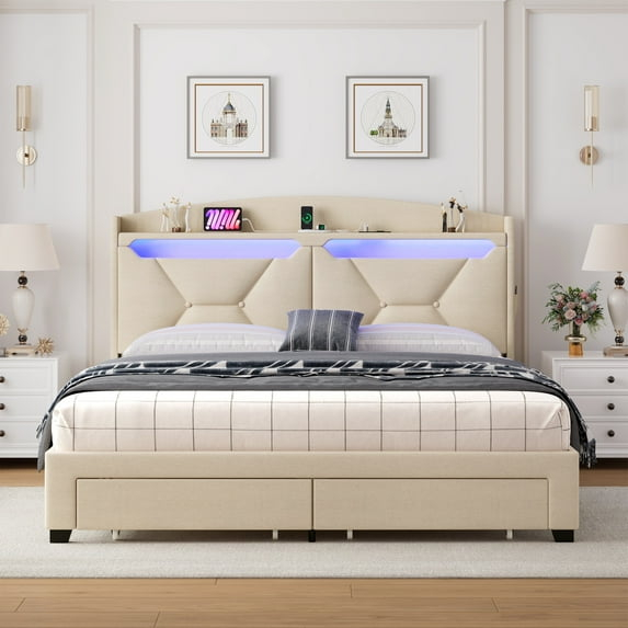 Sesslife Queen Size Bed Frame with LED Storage Headboard, Upholstered Platform Bed with 2 Drawers, Charging Station and Side Pocket, Strong Wooden Slats Support, No Box Spring Needed, Beige