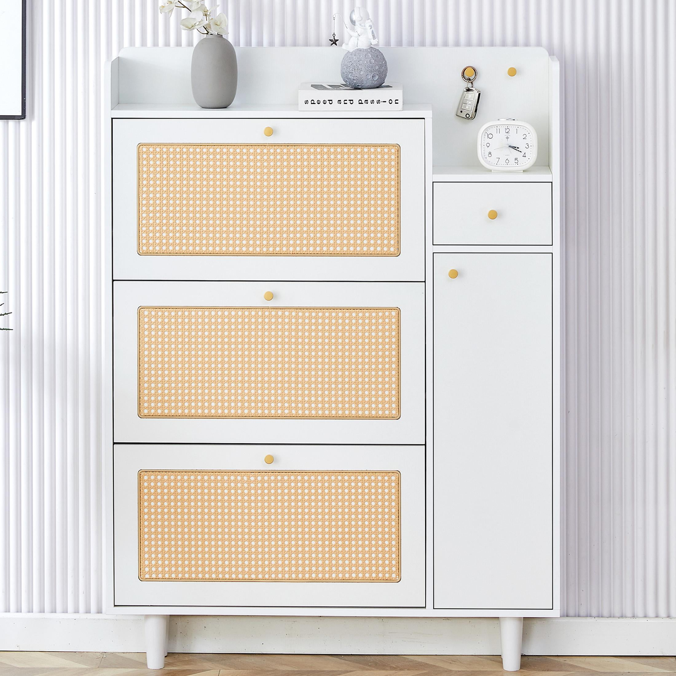 Sesslife Rattan Shoe Cabinet with 3 Flip Drawers, Modern Shoe Storage Cabinet for Heels, Boots, Slippers, Entryway, Bedroom, Living Room, Hallway, White