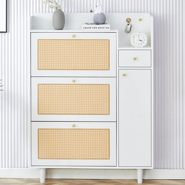 Sesslife Rattan Shoe Cabinet with 3 Flip Drawers, Modern Shoe Storage Cabinet for Heels, Boots, Slippers, Entryway, Bedroom, Living Room, Hallway, White
