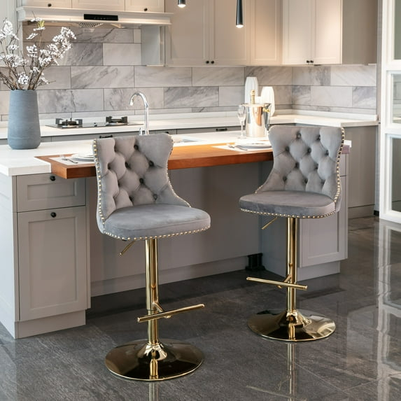 Gray Velvet Adjustable Swivel Bar Stools with Gold Metal Base