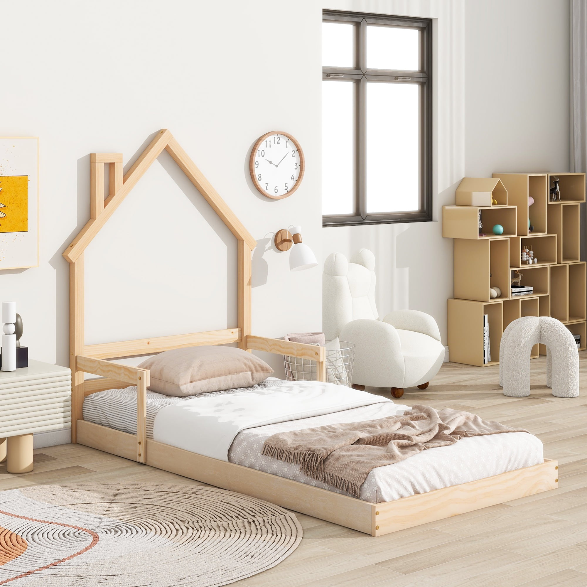Sesslife Twin Bed Frame with House-Shape Headboard, Wood Platform Bed with Guardrail for Kids Teens, Cute Floor Bed with Strong Wood Slats Support, Easy Assembly, No Box Spring Needed, Oak