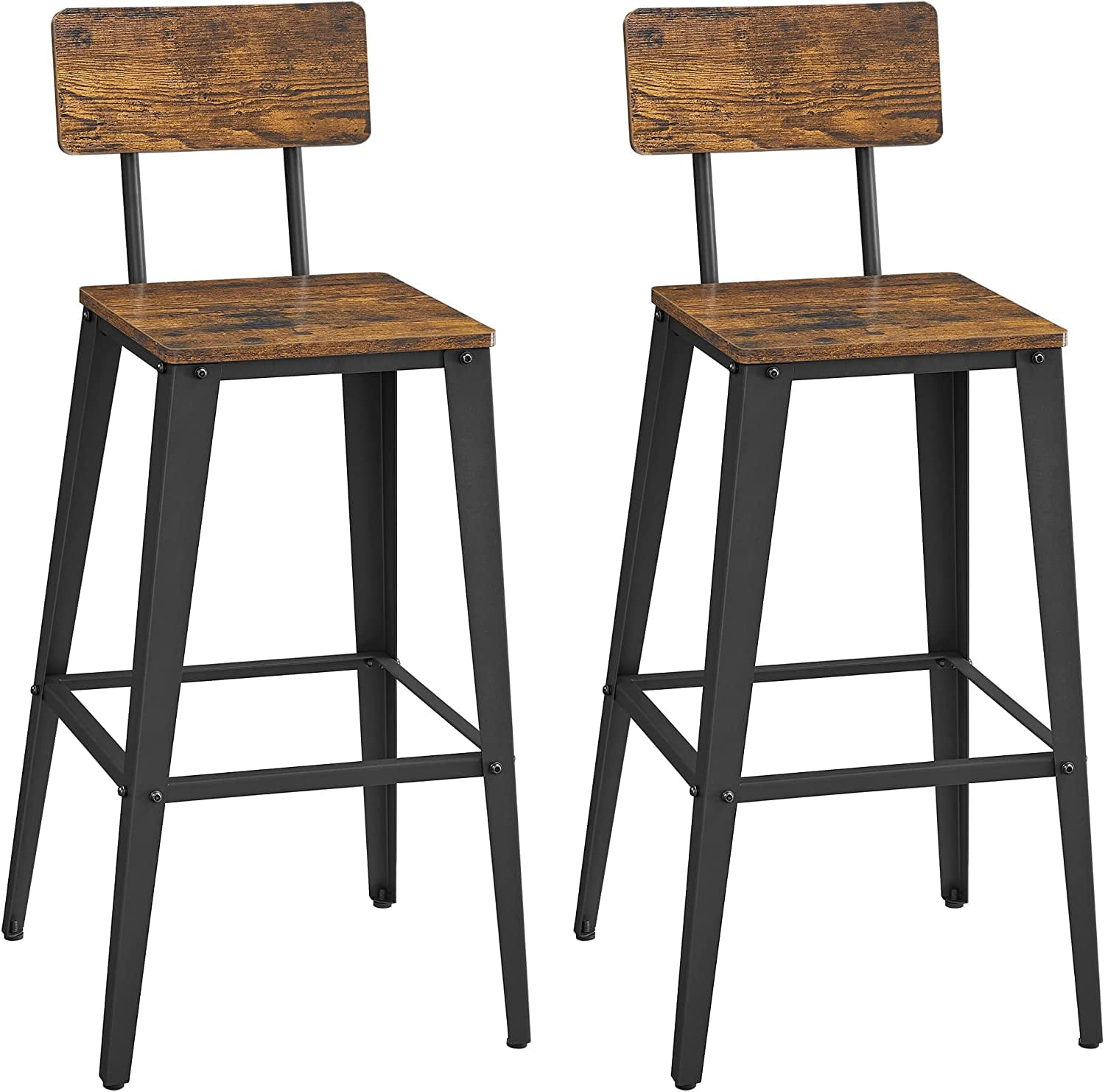 VASAGLE 2 Pack Bar Stools, Bar Height Stools, Tall Bar Stools with Back, Rustic Brown and Black