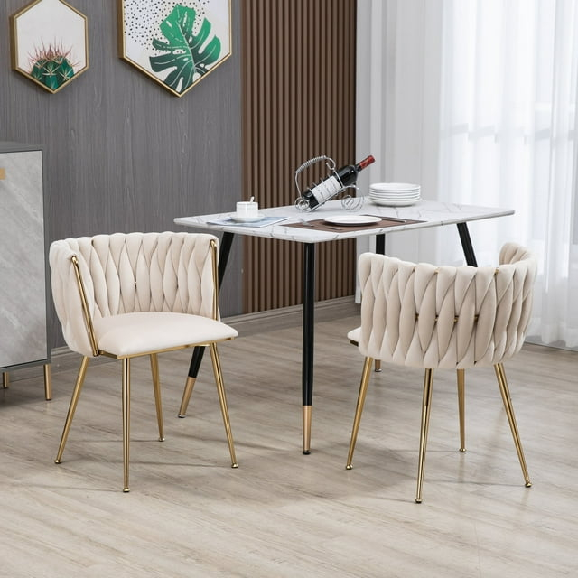 Velvet Dining Chairs Set of 2, Upholstered Dining Room Chairs with Arm & Gold Legs, Modern Accent Chairs Dining Chair for Kitchen, Vanity, Living Room (Beige)