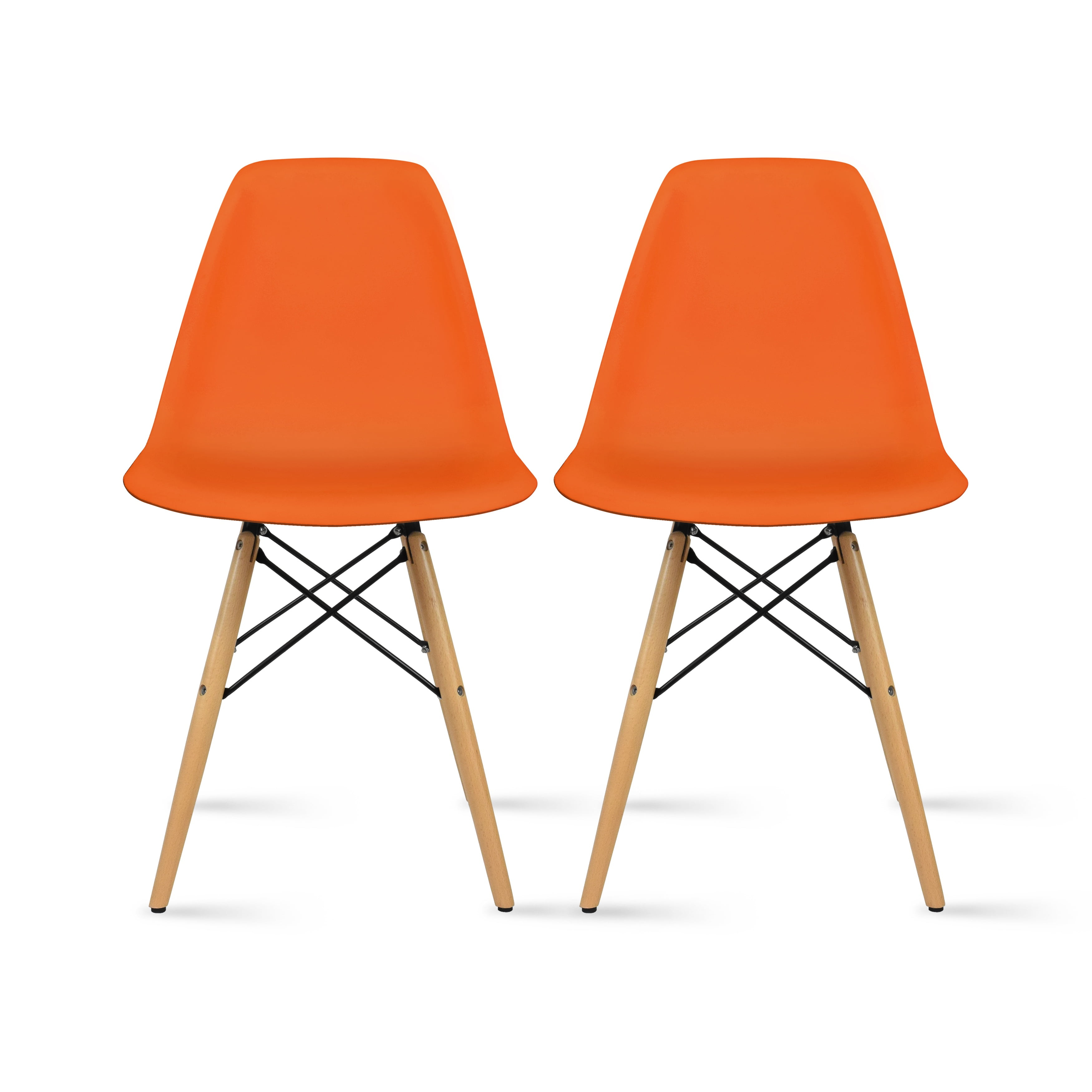 Set of 2 Mid Country Modern Molded Shell Designer Assemble Plastic Chair Side No Arms Wheels Armless Natural Wood Wooden Eiffel for Dining Room Bedroom Kitchen, Orange