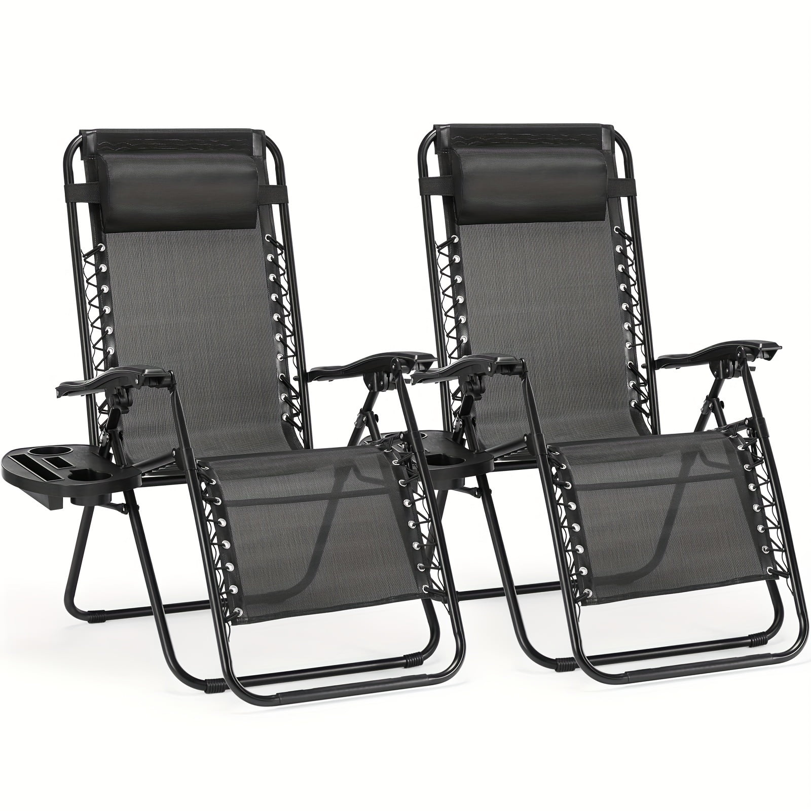 Zero Gravity Chairs, Set of 2 Portable Recliner Beach Camping Patio Outdoor Folding Lounge Chair with Cup Holder Trays and Adjustable Pillow for Poolside, Garden, Backyard, Lawn (Black)