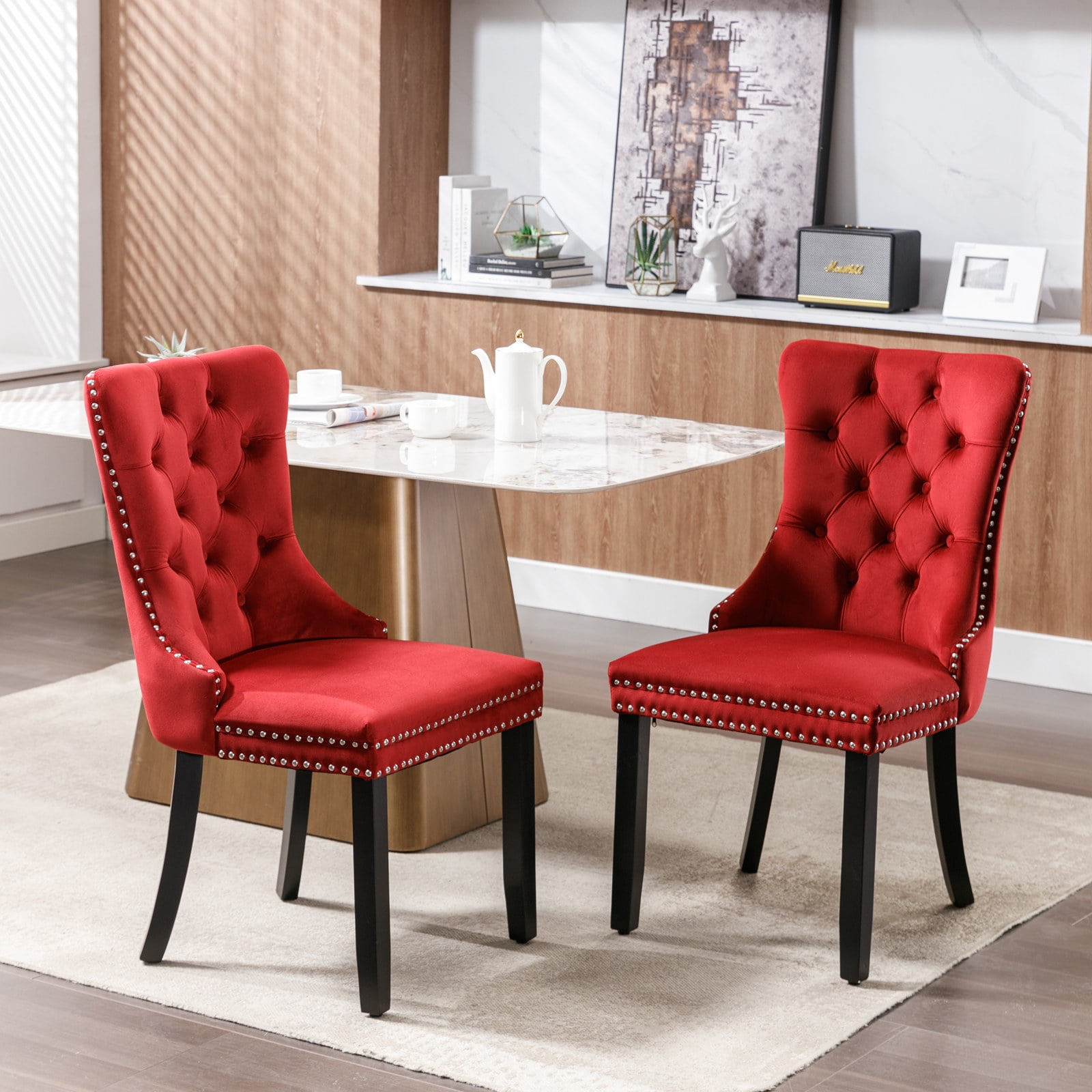 Set of 2 Velvet Dining Chairs,Upholstered Wing-Back Dining Chairs with Button Tufted Backrest and Nailhead Trim,Accent Armless Chairs with Solid Wood Legs for Kitchen Living Room Office,Burgundy