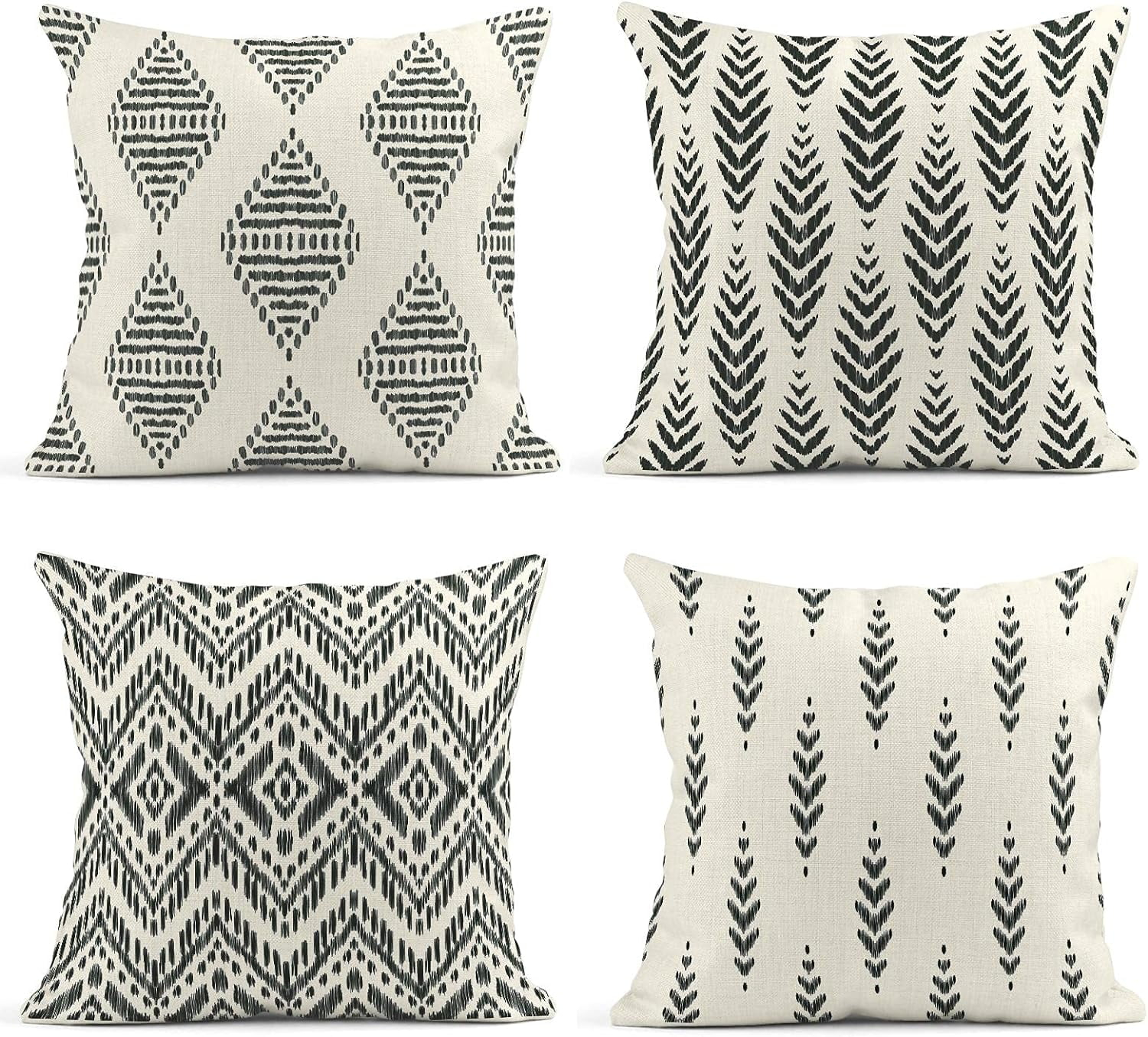 Set of 4 Throw Pillow Covers Ikat Tribal and Boho Bohemian Black Ethnic Herringbone for Ideas Decor Linen Outdoor Pillow Cases Home Decorative Square 18x18 Inches Pillowcases