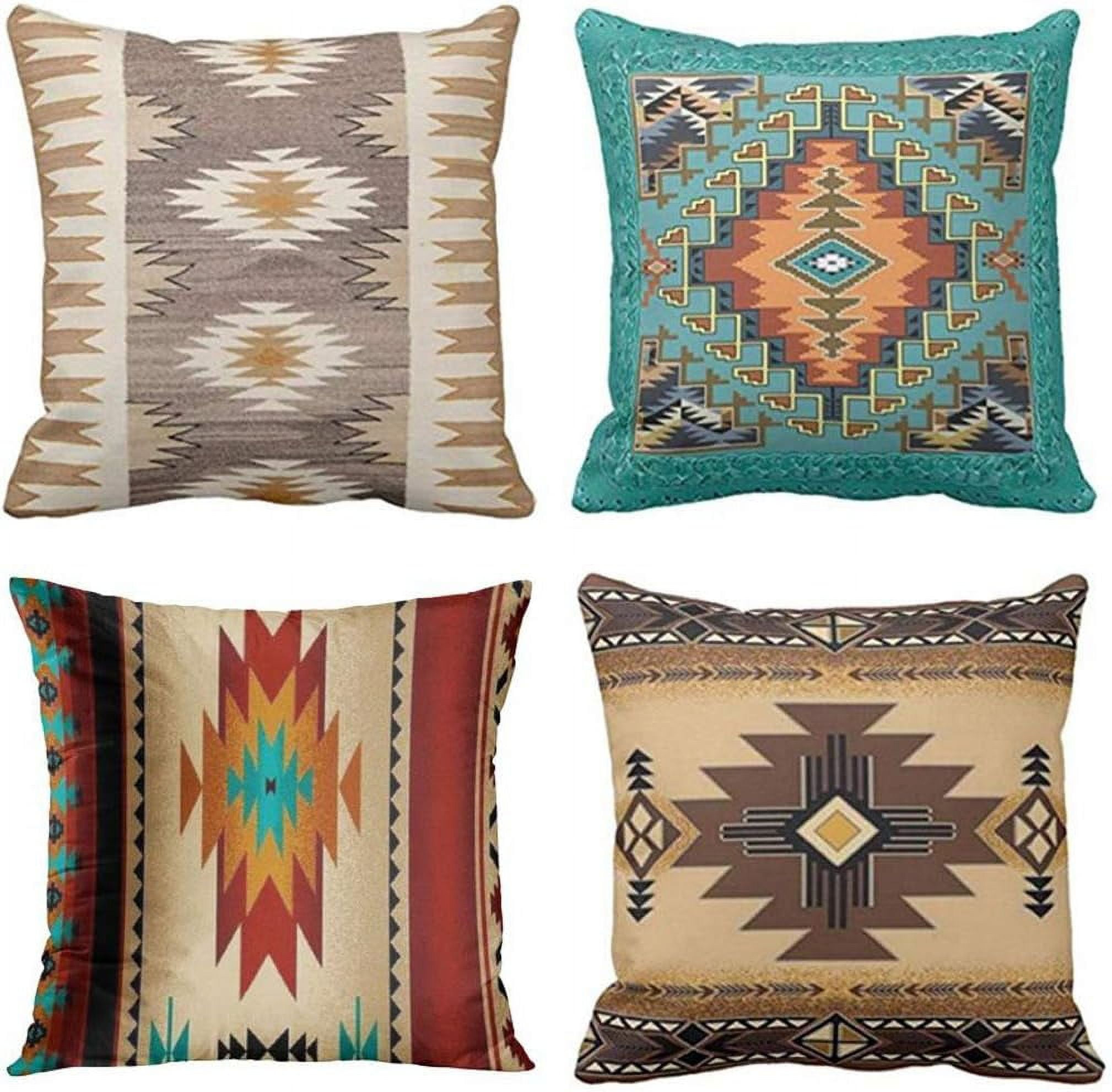 Set of 4 Throw Pillow Covers Tribal Western Geometric Colorful Nature Color Patterns Turquoise Orange Decorative Pillow Cases Home Decor Square 20x20 Inches Pillowcases