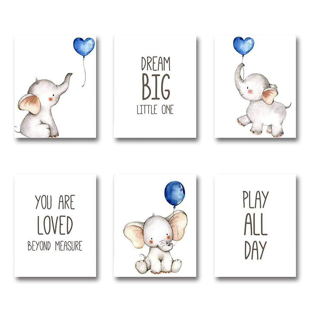 iMagitek Set of 6 Unframed Baby Boy Wall Art Prints, Blue Elephant Wall Decor with Balloons for Boy's Room (8" x 10")