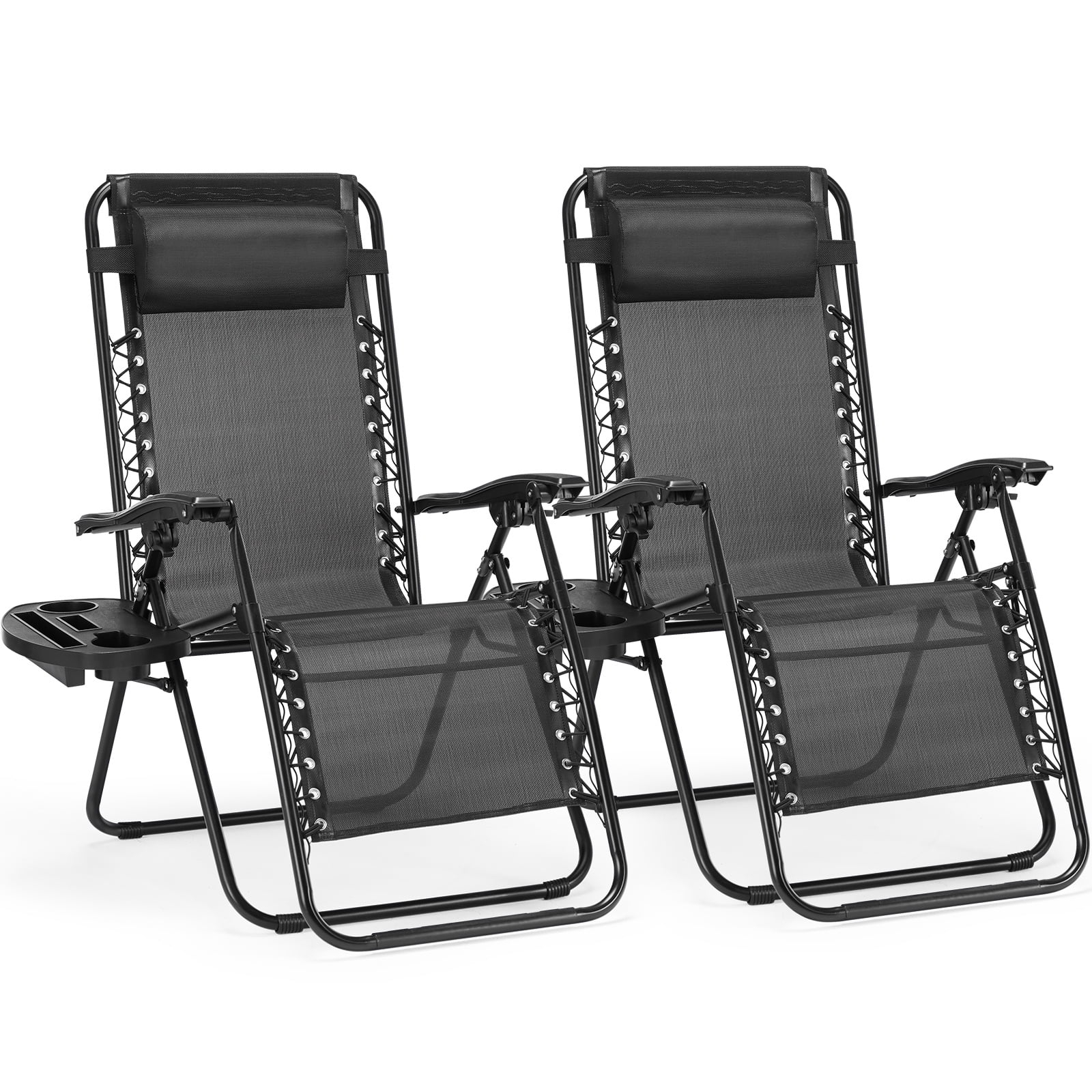 Zero Gravity Chairs, Set of 2 Portable Recliner Beach Camping Patio Outdoor Folding Lounge Chair with Cup Holder Trays and Adjustable Pillow for Poolside, Garden, Backyard, Lawn (Black)