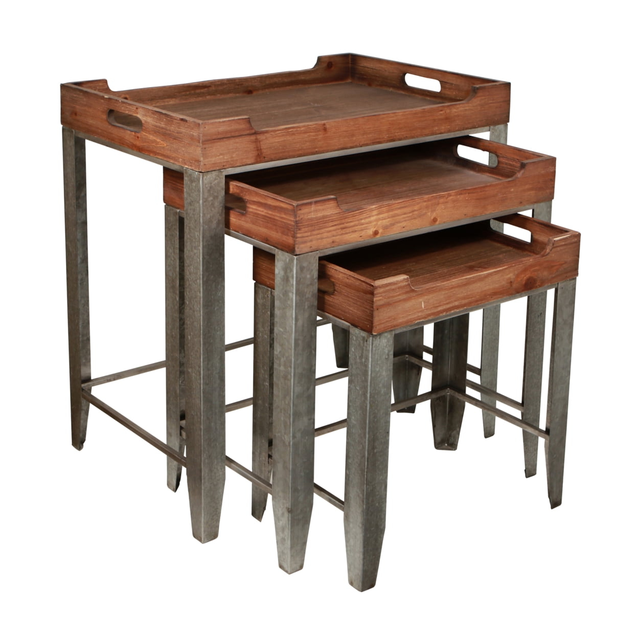 Set Of 3 Wood Top Nesting Table With Side Handles And Galvanized Metal Base