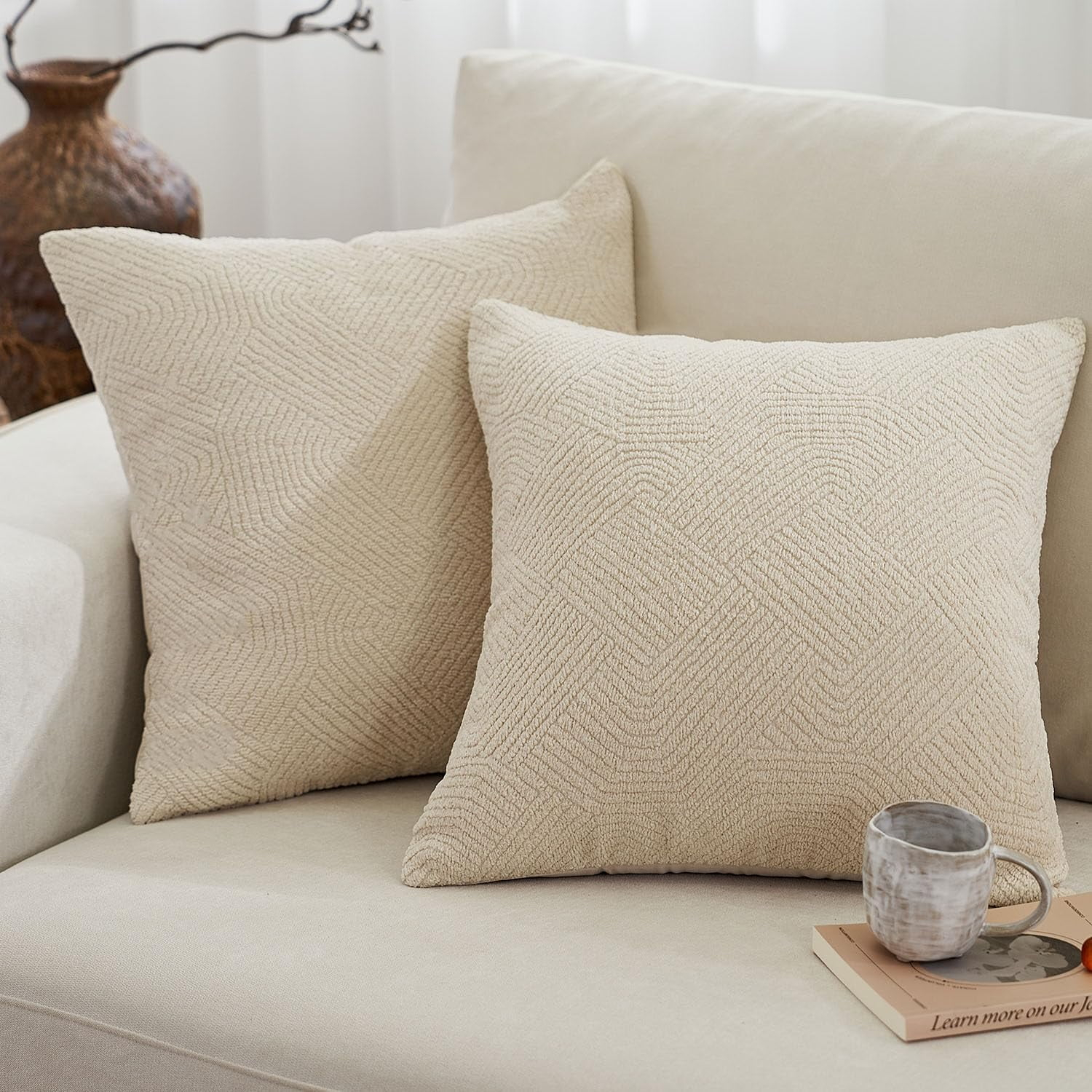 Set of 2 20x20" Patterned Boucle Pillow Covers Decorative Pillows for Living Room Bed Soft Accent Pillow Cases Cream
