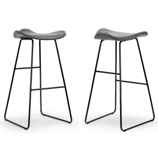 Glamour Home Set of 2 Aoi Grey Faux Leather Backless Barstool with Black Metal Legs