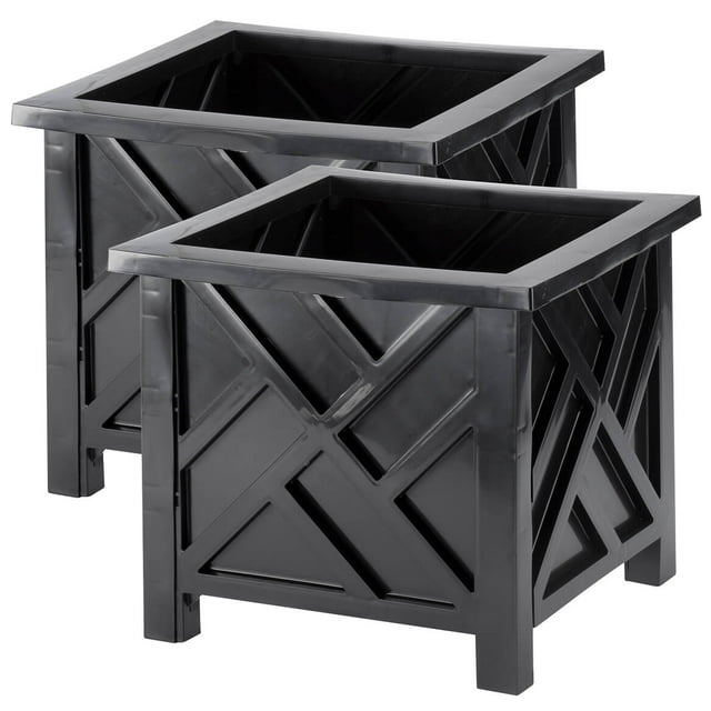 Set of 2 Chippendale Planter Boxes, Black– Outdoor Flower Holder for Garden, Patio and Lawn – 14 ¾” sq. x 13 ¼ H Overall
