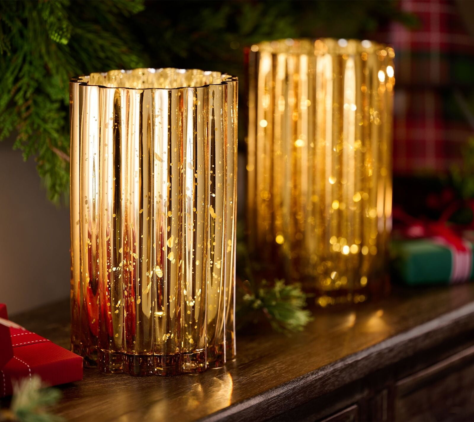 Set of 2 Illuminated Mercury Glass Hurricanes by Valerie in Gold