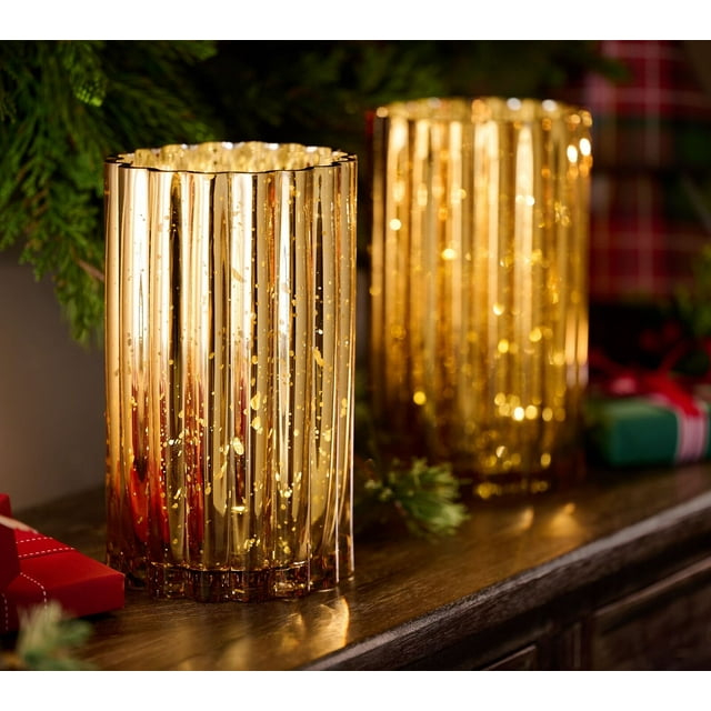 Set of 2 Illuminated Mercury Glass Hurricanes by Valerie in Gold