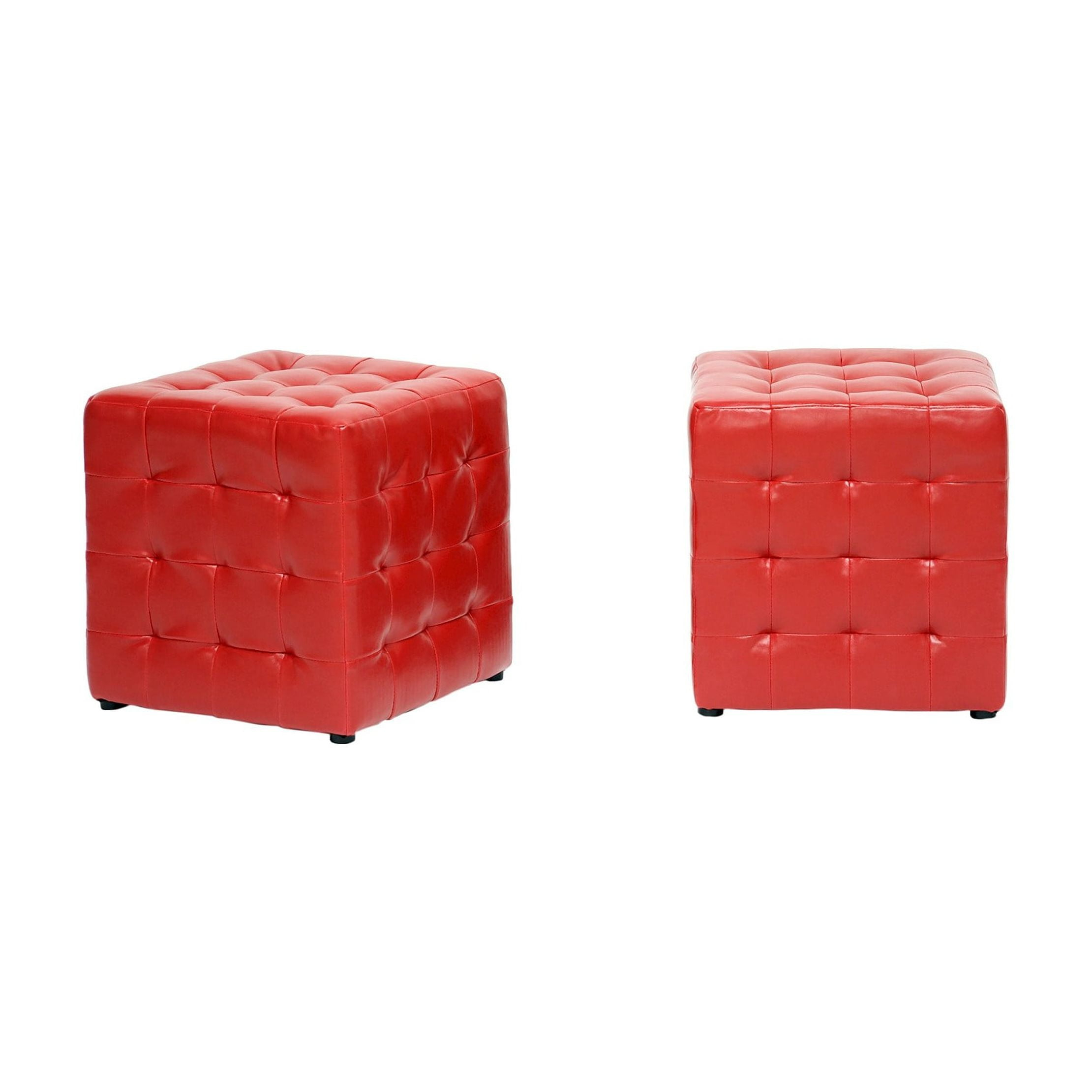 Set of 2 Siskal Modern Cube Ottoman Red - Baxton Studio: Faux Leather, No Assembly, Wood Frame