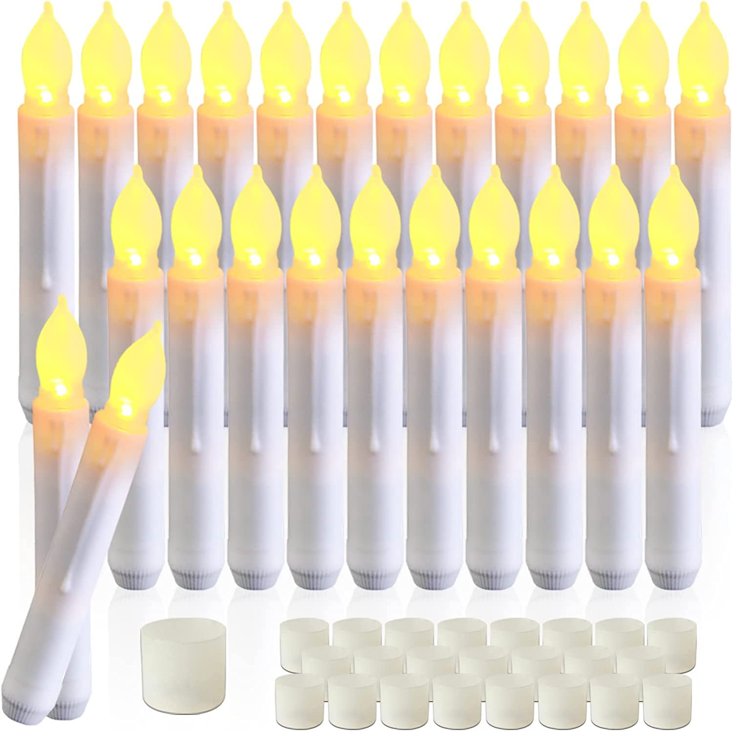 NEWEEN Set of 24 Flamelesss LED Taper Candles with Warm White Flickering Flame Light, Battery Operated Floating Candles, LED Taper Handheld Candlesticks for Church Party Halloween Decorations