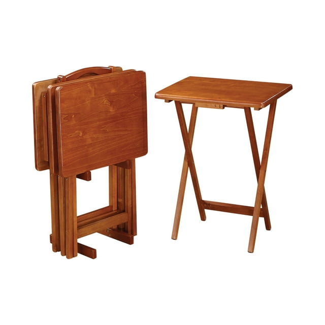 Set of 4 Oak Finish Solid Wood TV Dinner Tray Tables