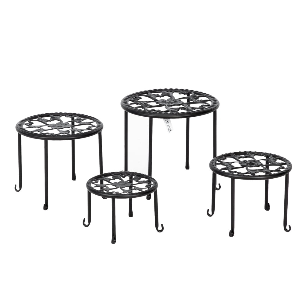 Set of 4 Round Iron Plant Stands with Black Paint Prints - Stylish, Durable, Multi-functional - Perfect for Indoor and Outdoor Use