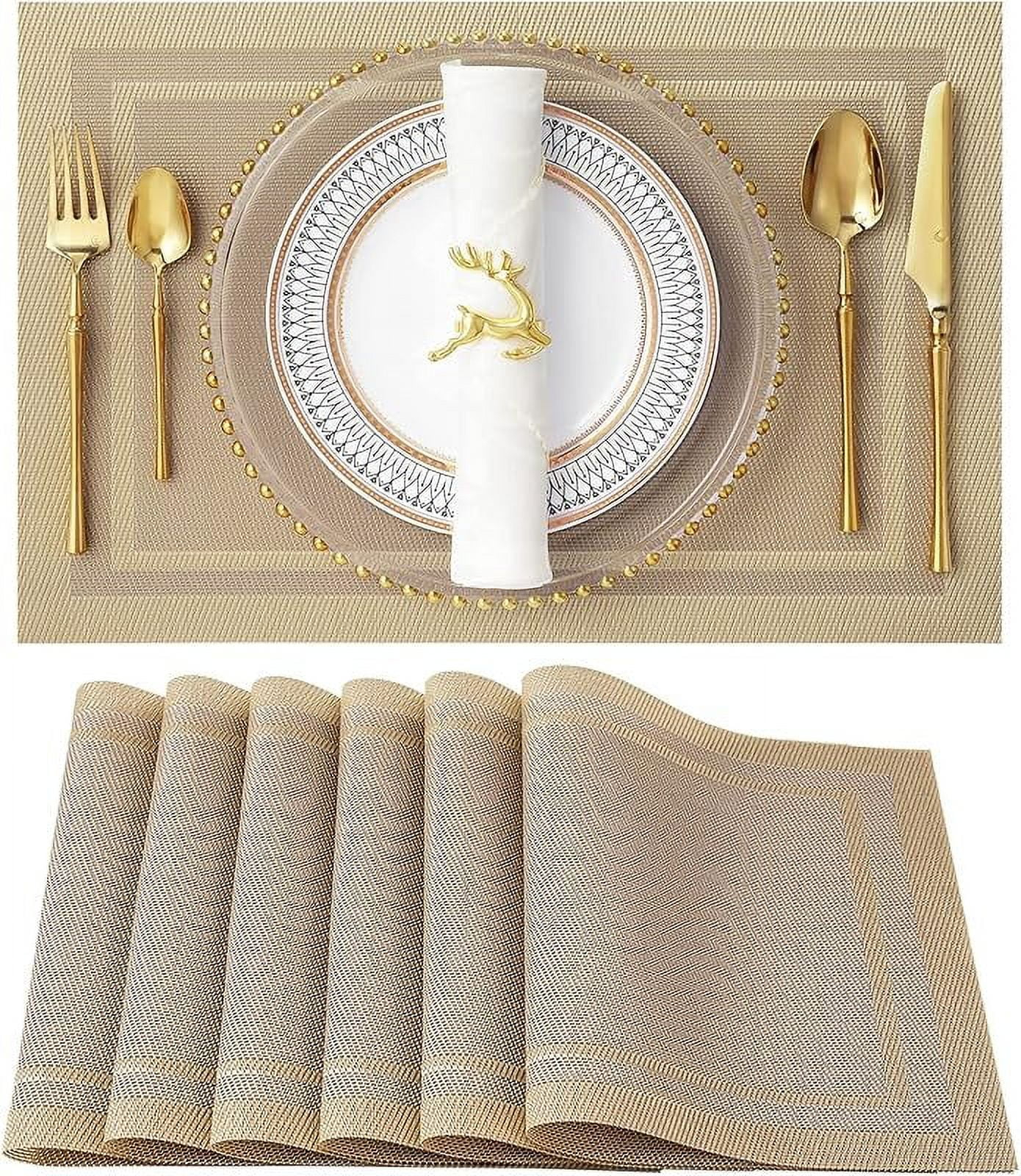 Set of 8 Heat-Resistant Placemats Stain Resistant Anti-Skid Placemats for Kitchen Table, Washable Durable PVC Table Mats Woven Vinyl Placemats Beige