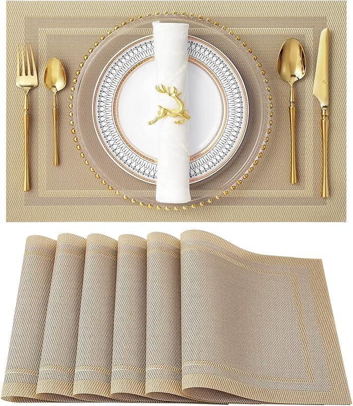 Set of 8 Heat-Resistant Placemats Stain Resistant Anti-Skid Placemats for Kitchen Table, Washable Durable PVC Table Mats Woven Vinyl Placemats Beige