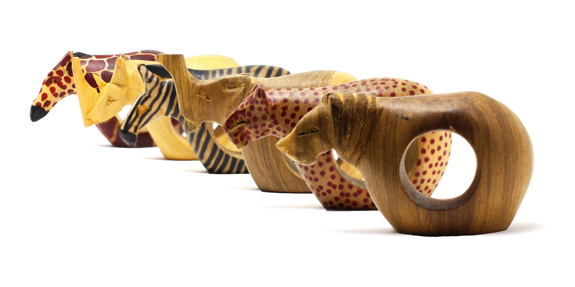 Set of Six Mahogany Wood Animal Napkin Rings Jedando Handicrafts