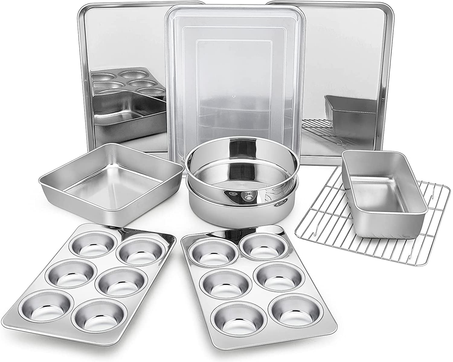 Sets of 11, Stainless Steel Baking Pans Set, Includes Baking Sheets and Rack, Lasagna Pan with Lid, Round/Square Cake Pan, Muffin Pans, Loaf Pan, Reusable & Durable