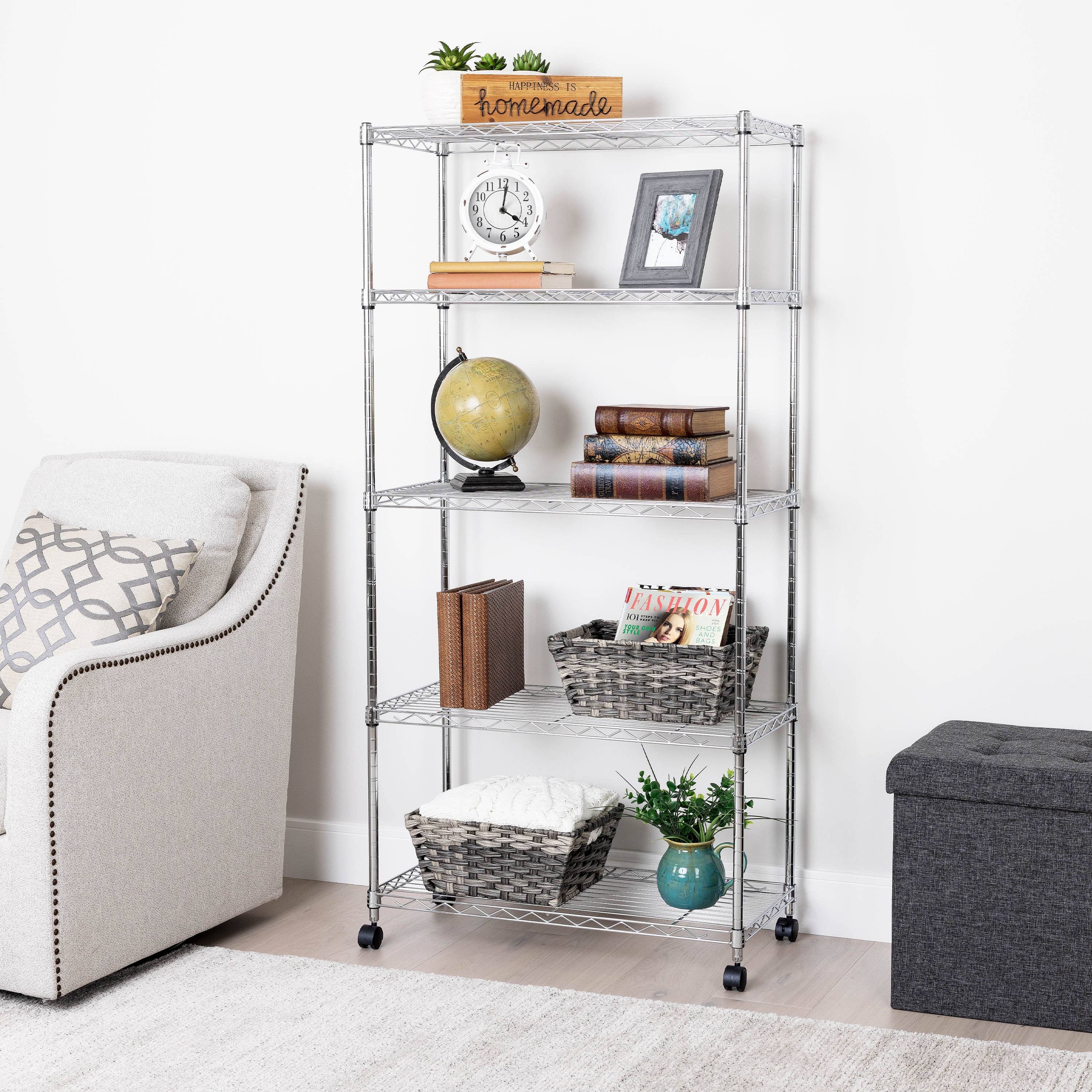 Seville Classics 5-Tier Steel Wire Shelving with Wheels, 30" W x 14" D x 60" H, Chrome Plated