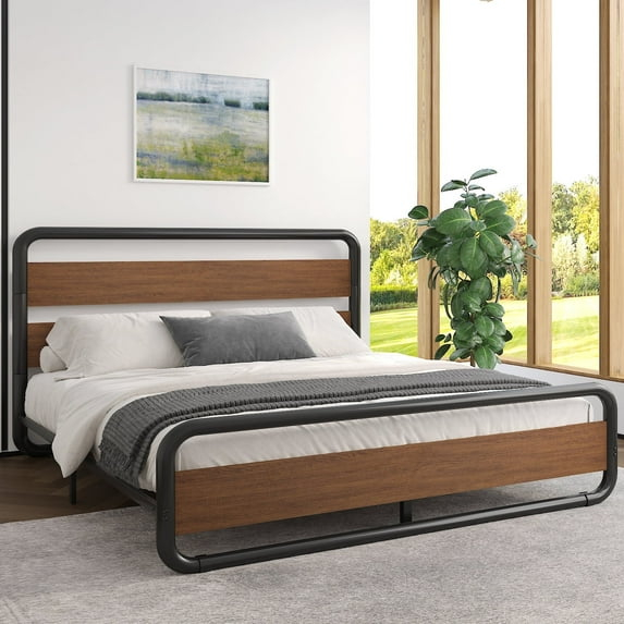 Merrland King Bed Frame with Headboard and Footboard,Heavy Duty Metal Platform Bed,No Box Spring Required,Brown