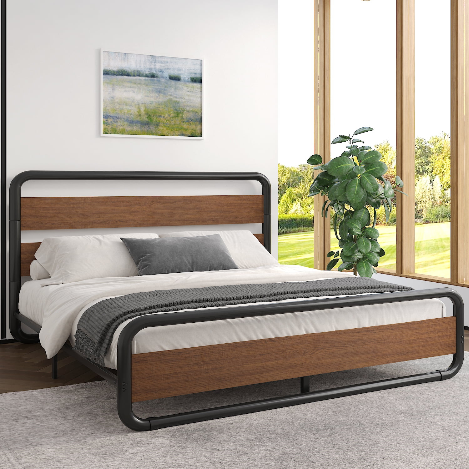 Sha Cerlin Walnut King Size Platform Bed Frame with Wooden Headboard & Underbed Storage, Adult
