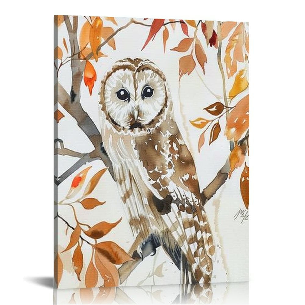Shadudu Owl in Autumn Forest Animal Watercolor Painting Canvas Wall Art, 20x16-inch 16x20 in