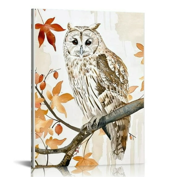 Shadudu Owl in Autumn Forest Animal Watercolor Painting Canvas Wall Art, 20x16-inch 16x20 in