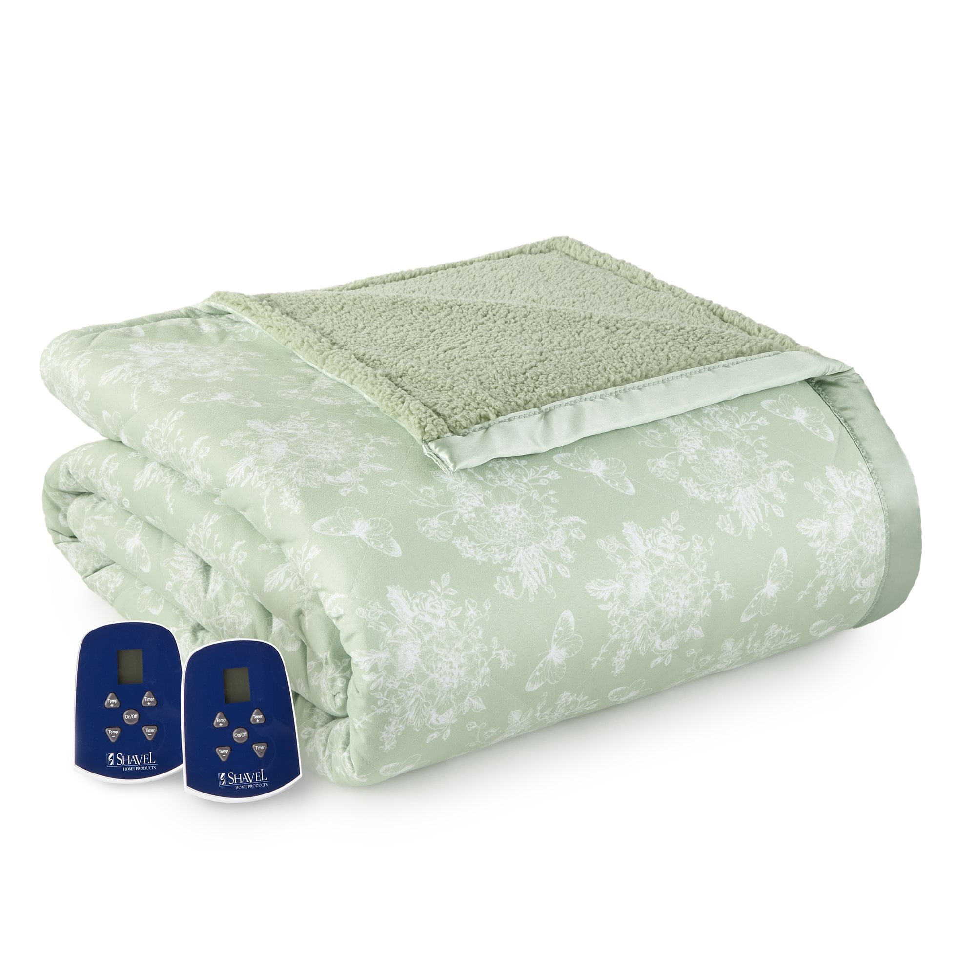 Shavel Home Products Micro Flannel® Reverse to Sherpa Electric Blanket, Queen, Toile Celadon