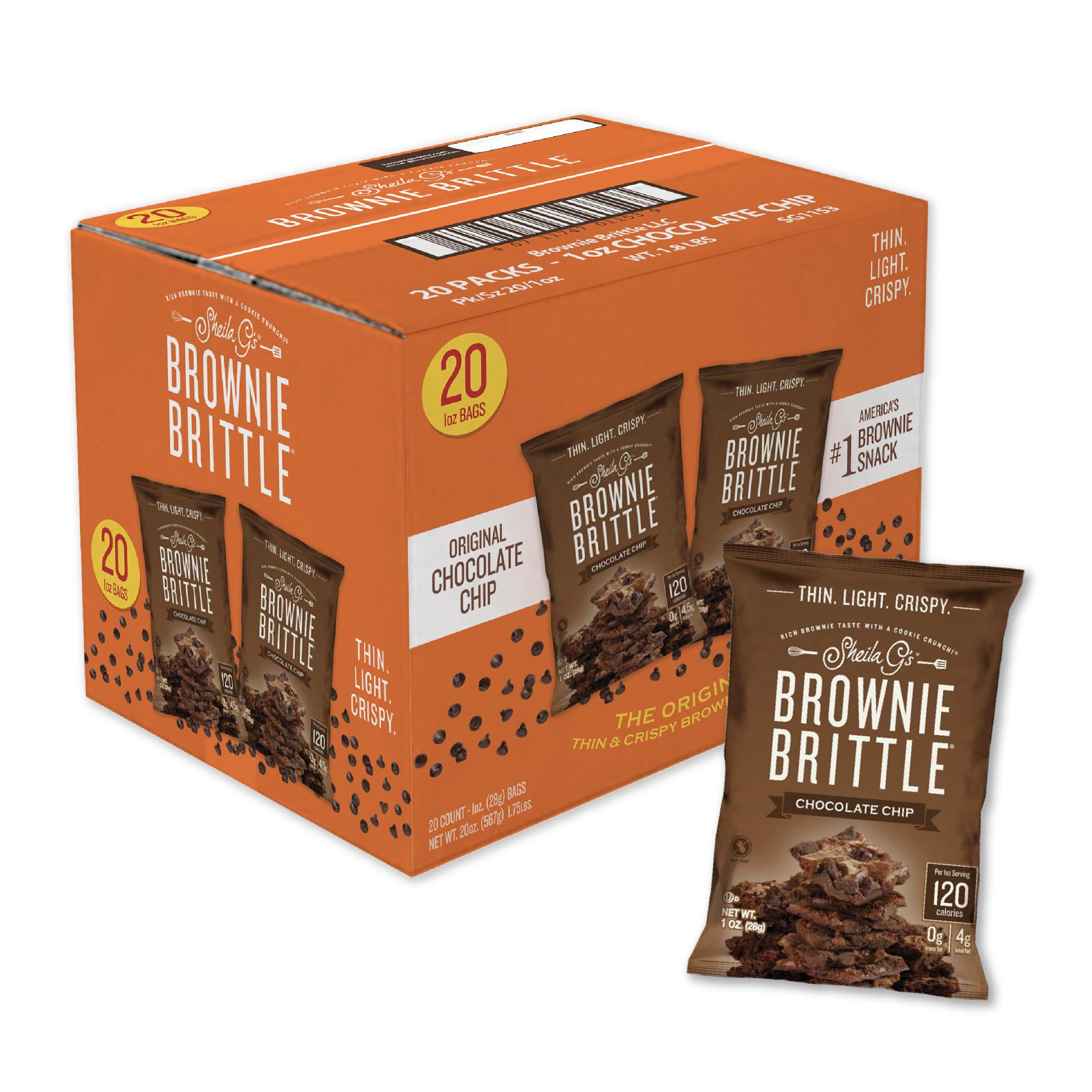 Sheila G's Brownie Brittle - Original Chocolate Chip Thin and Crispy Sweet Snacks (Pack of 20, 1 oz), Rich Gourmet Brownie Bites Dessert