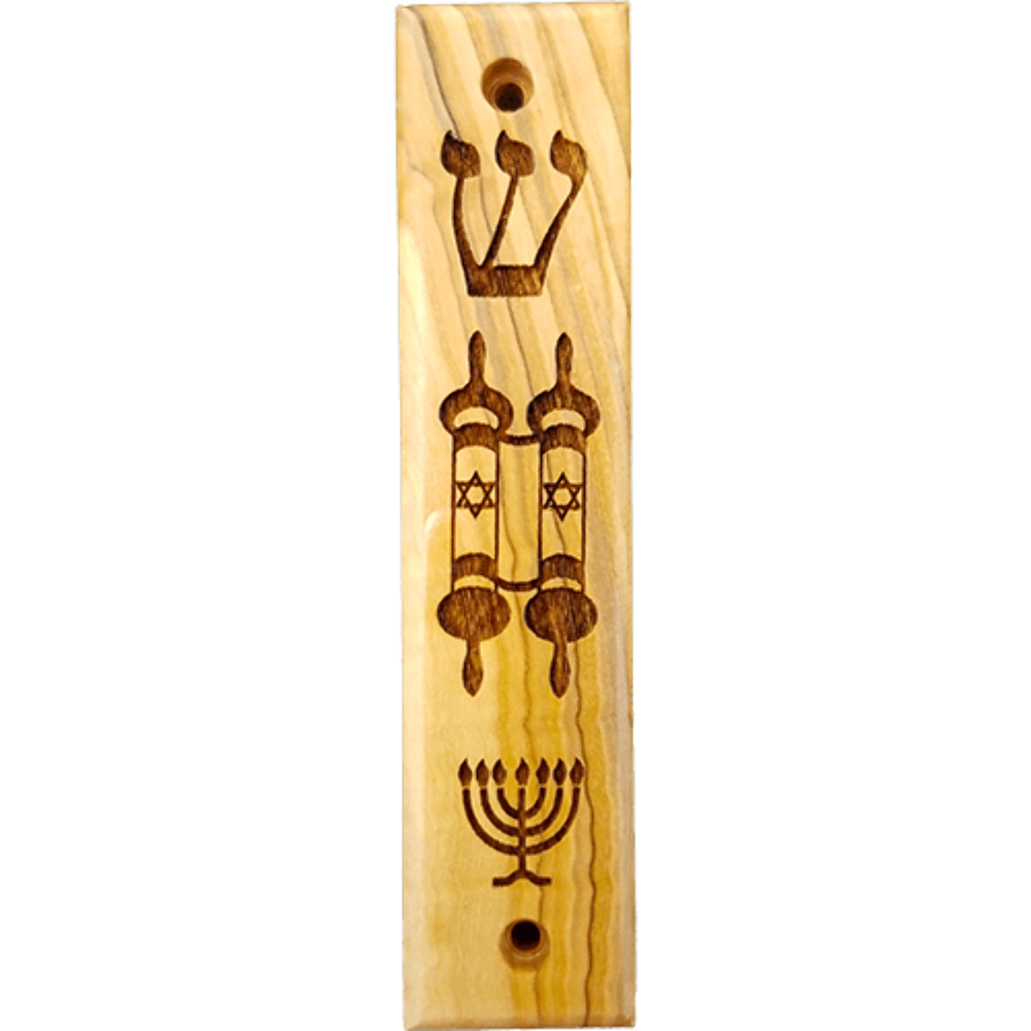 Shema, Torah Scroll, Menorah Olive Wood Mezuzah