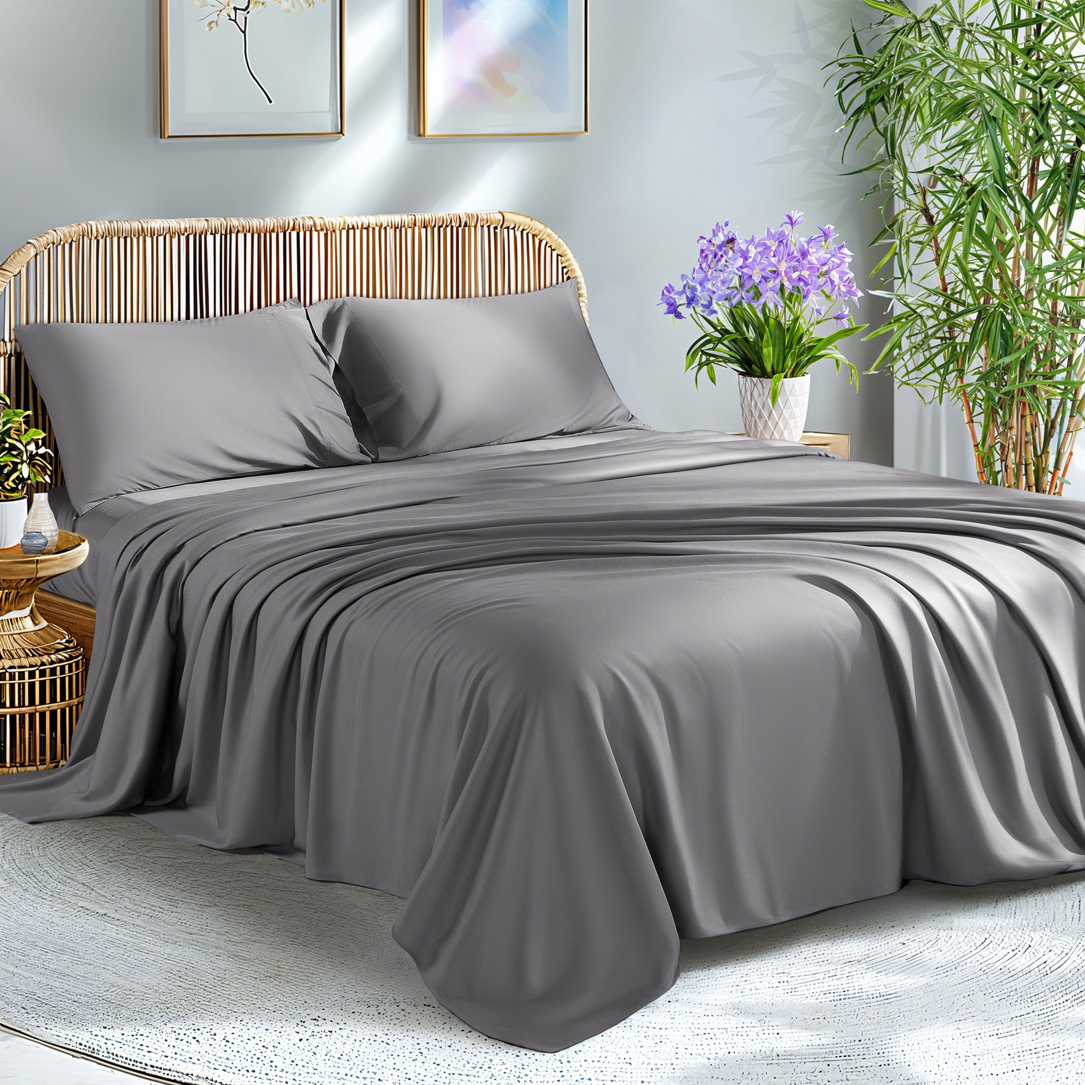 Shilucheng 100% Organic Cooling Bamboo Bed Sheets, King Sheet Sets 4 PC, 1800 Series Sheets with 16" Deep Pocket, Gray