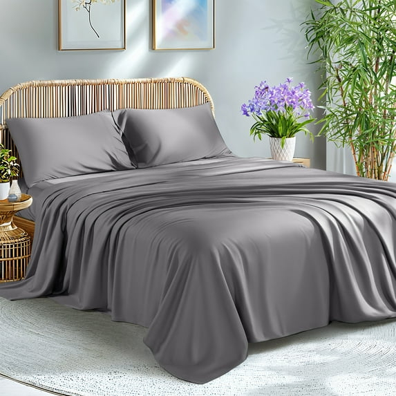 Shilucheng 100% Organic Cooling Bamboo Bed Sheets, King Sheet Sets 4 PC, 1800 Series Sheets with 16" Deep Pocket, Gray