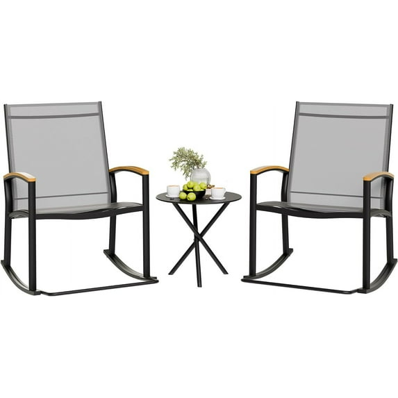 3 Piece Outdoor Rocking Bistro Set, Textilene Fabric Small Patio Furniture Set, Front Porch Rocker Chairs Conversation Set with Table for Lawn, Garden, Balcony, Poolside (Light Gray)