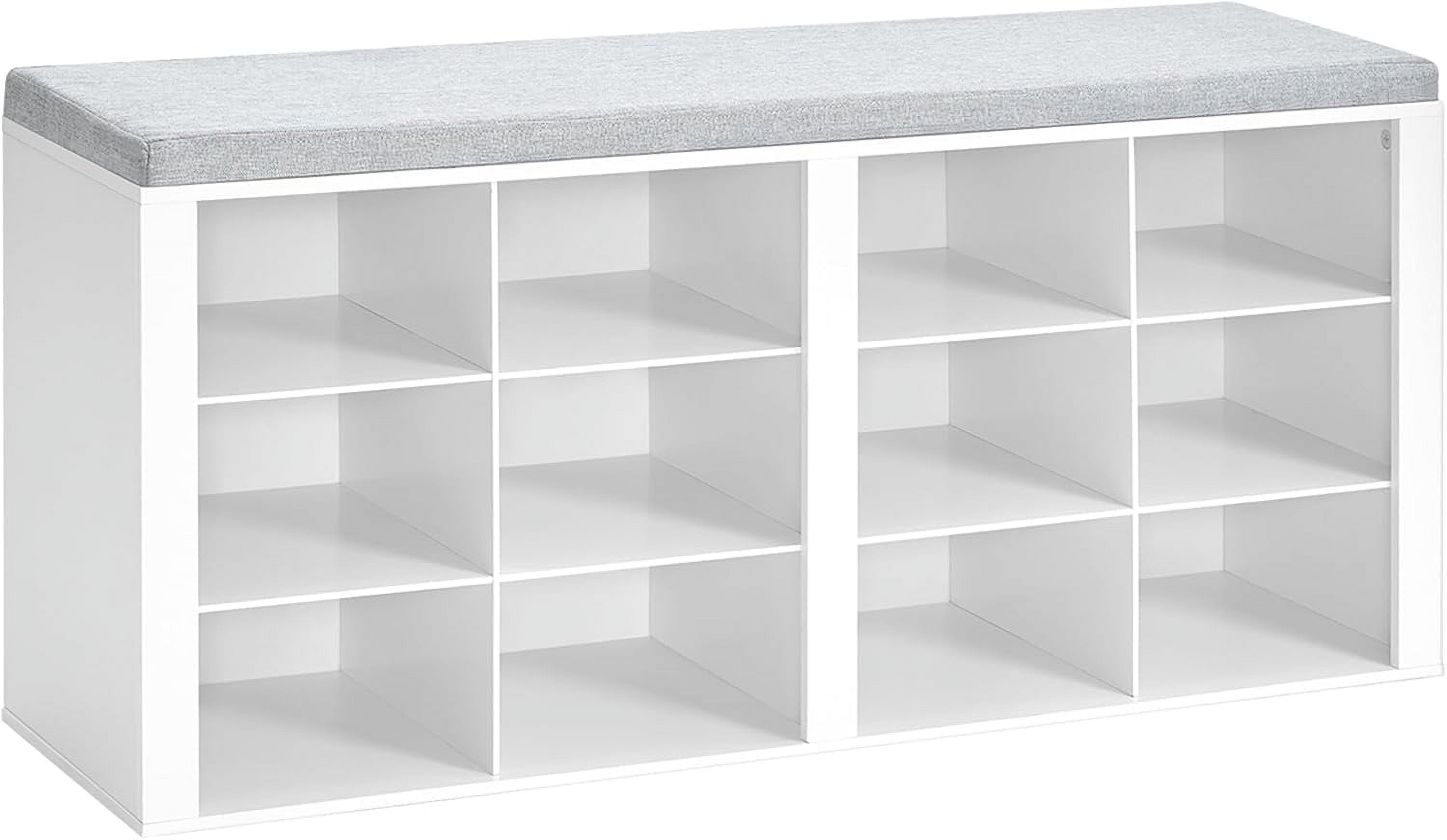 Shoe Bench with Cushion, Entryway Storage Bench with 12 Cubbies, Cubby Shoe Rack with Adjustable Shelves, Shoe Organizer Cabinet for Living Room, Bedroom, Entryway, White SB19003GY