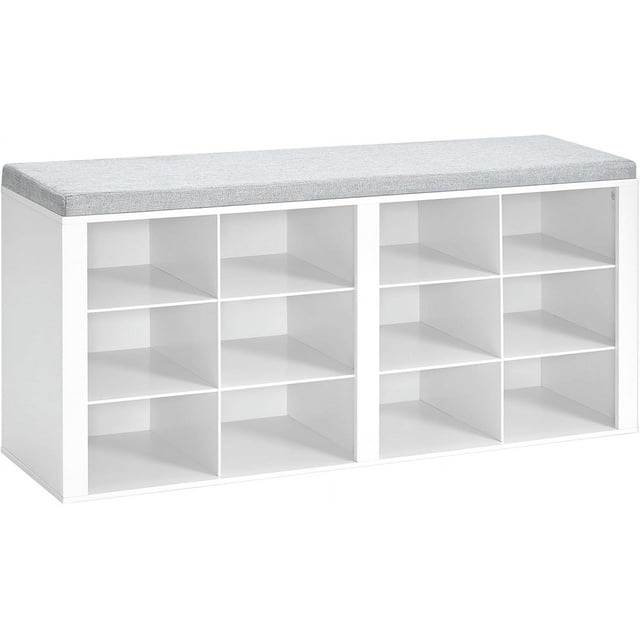 Shoe Bench with Cushion, Entryway Storage Bench with 12 Cubbies, Cubby Shoe Rack with Adjustable Shelves, Shoe Organizer Cabinet for Living Room, Bedroom, Entryway, White SB19003GY