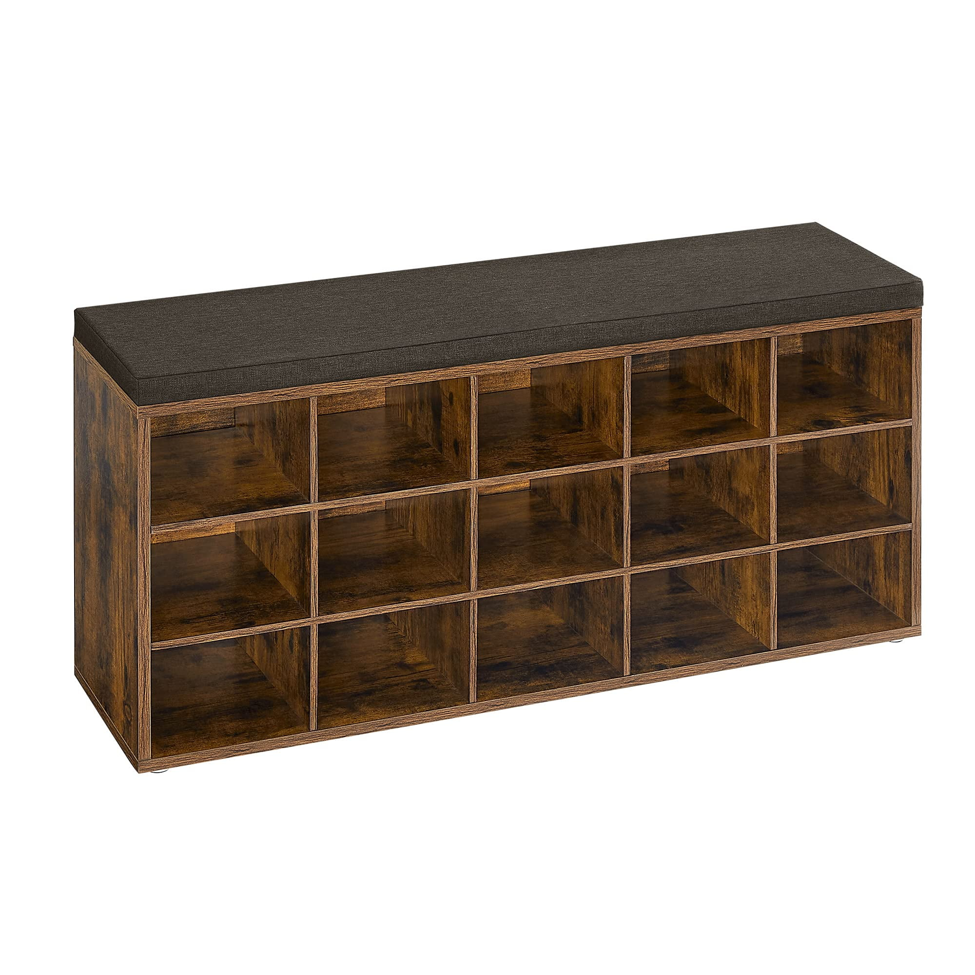 Killeryuki Shoe Bench with Cushion, Storage Bench with Padded Seat, Entryway Bench with 15 Compartments, for Bedroom, 11.8 x 41.3 x 18.9 Inches, Rustic Brown and Chestnut Brown ULHS15BX