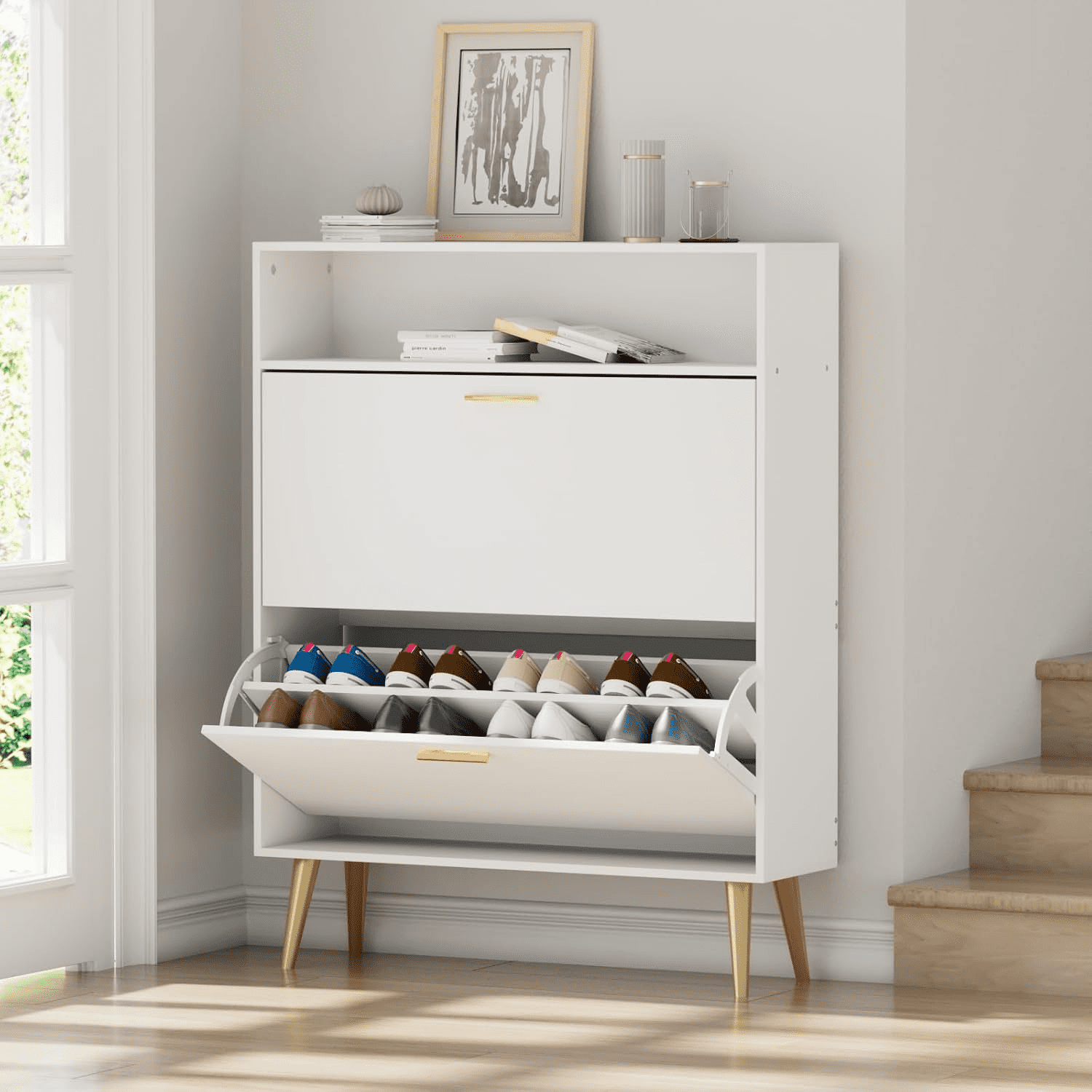 Shoe Cabinet Storage for Entryway  Freestanding Slim Shoe Organizer Cabinet with 2 Flip Drawers  Narrow Shoe Rack with Open Shelves for Hallway  Living Room  White