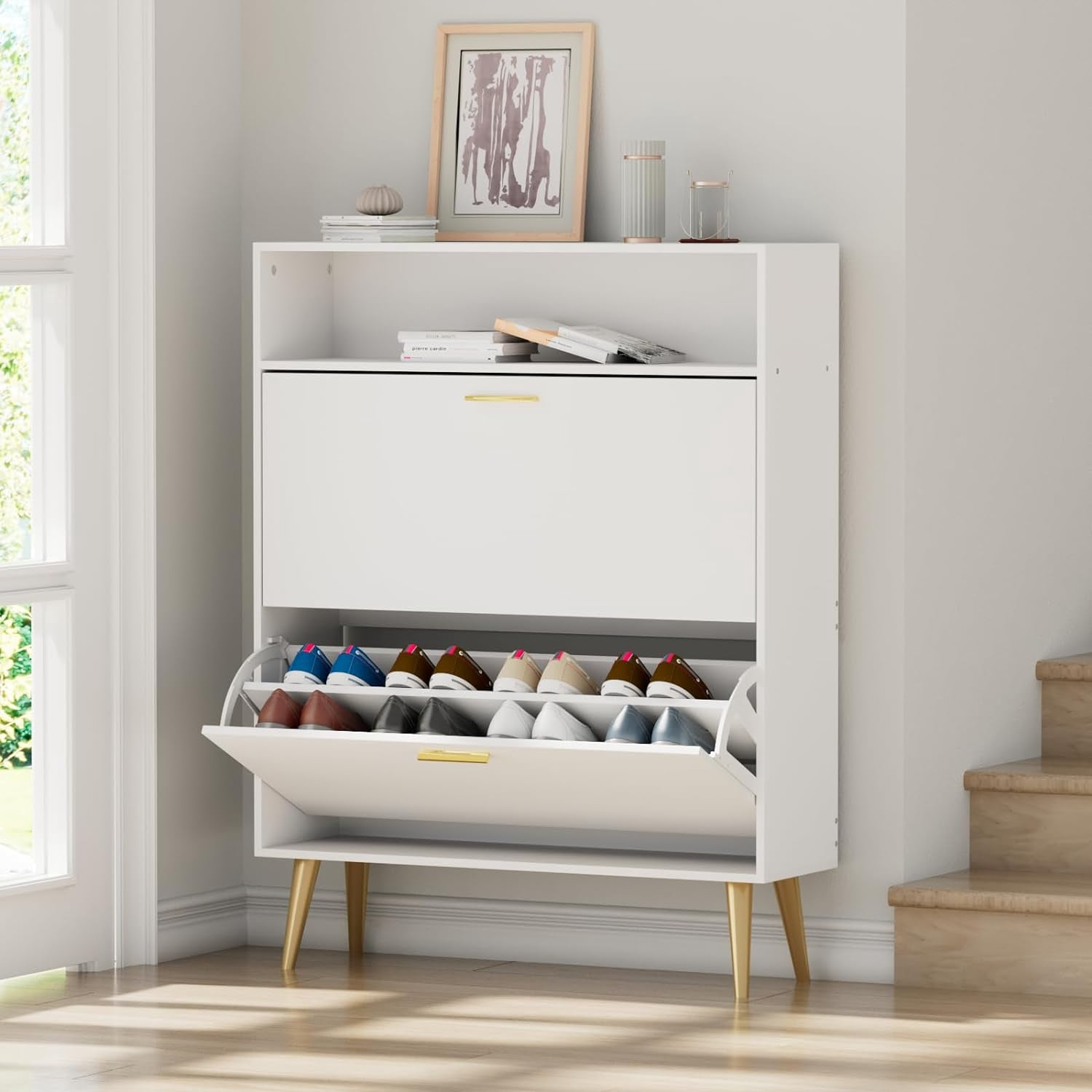 Shoe Cabinet Storage for Entryway  Freestanding Slim Shoe Organizer Cabinet with 2 Flip Drawers  Narrow Shoe Rack with Open Shelves for Hallway  Living Room  White