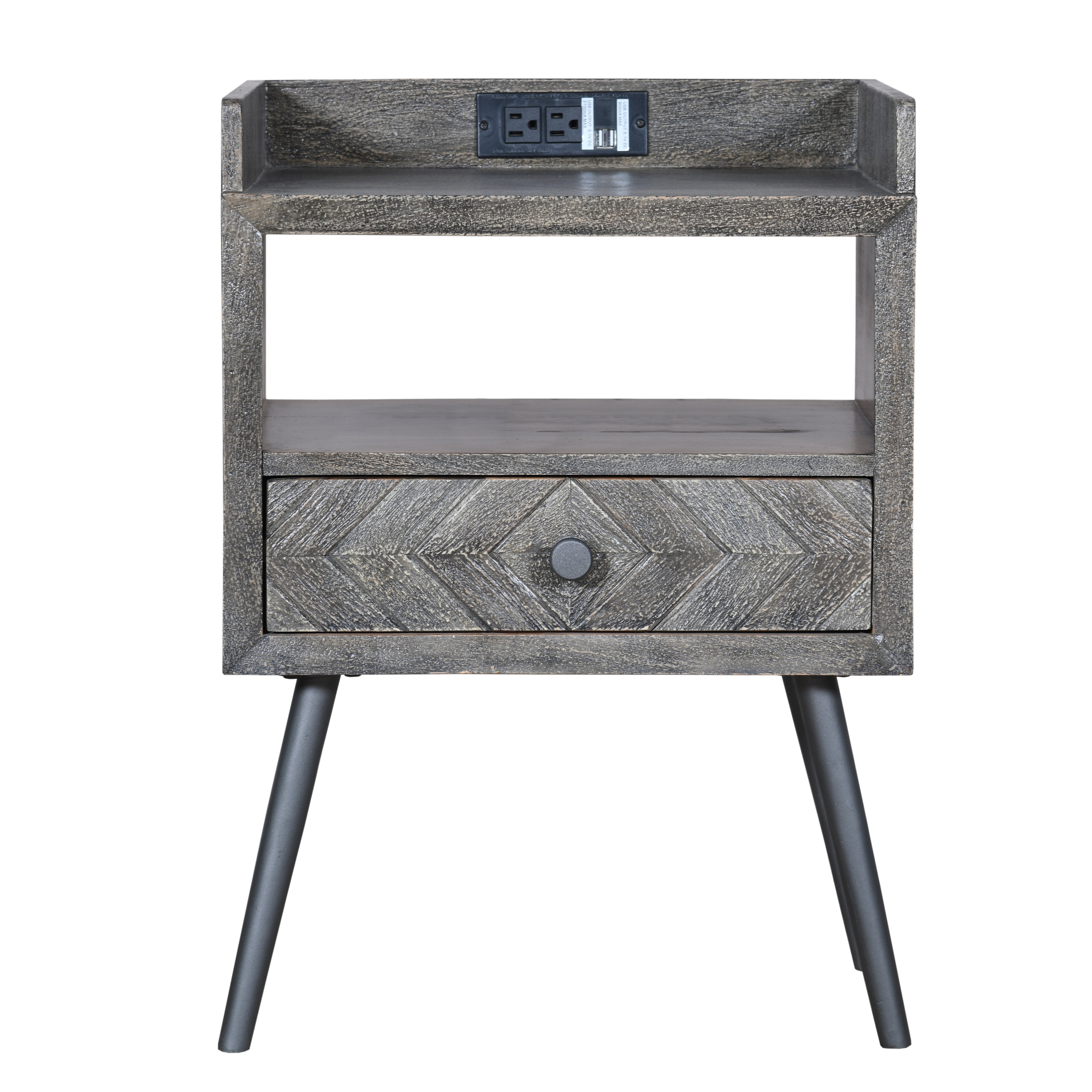 Shon 25 Inch Raised Top Wood End Side Table Nightstand with USB, Power Outlet, Distressed Gray