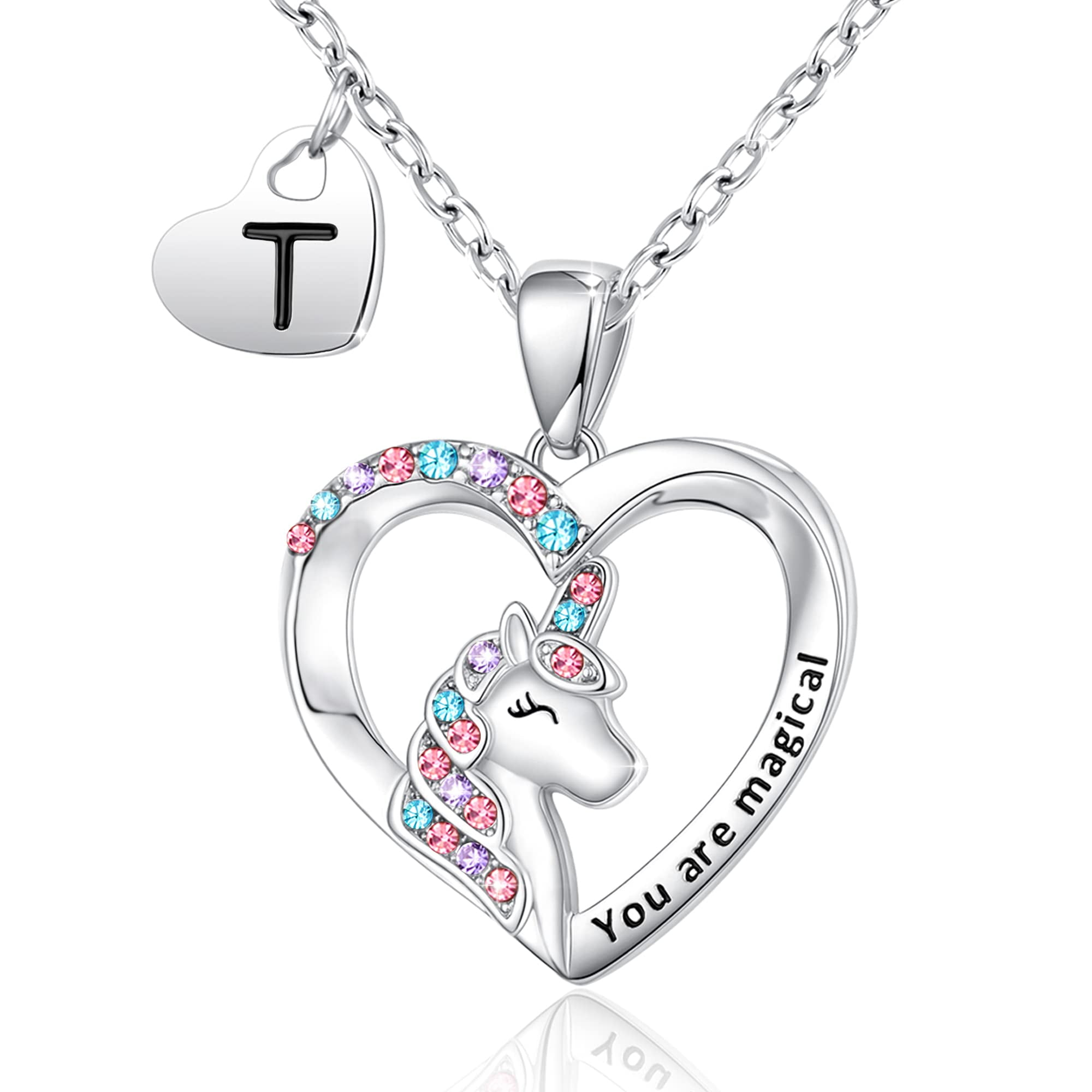 Shonyin Silver Unicorn Necklace AIF4 for Women T Initial Necklaces CZ Heart Pendant Christmas Birthday Party Valentines Day Jewelry Gifts for Teens Niece